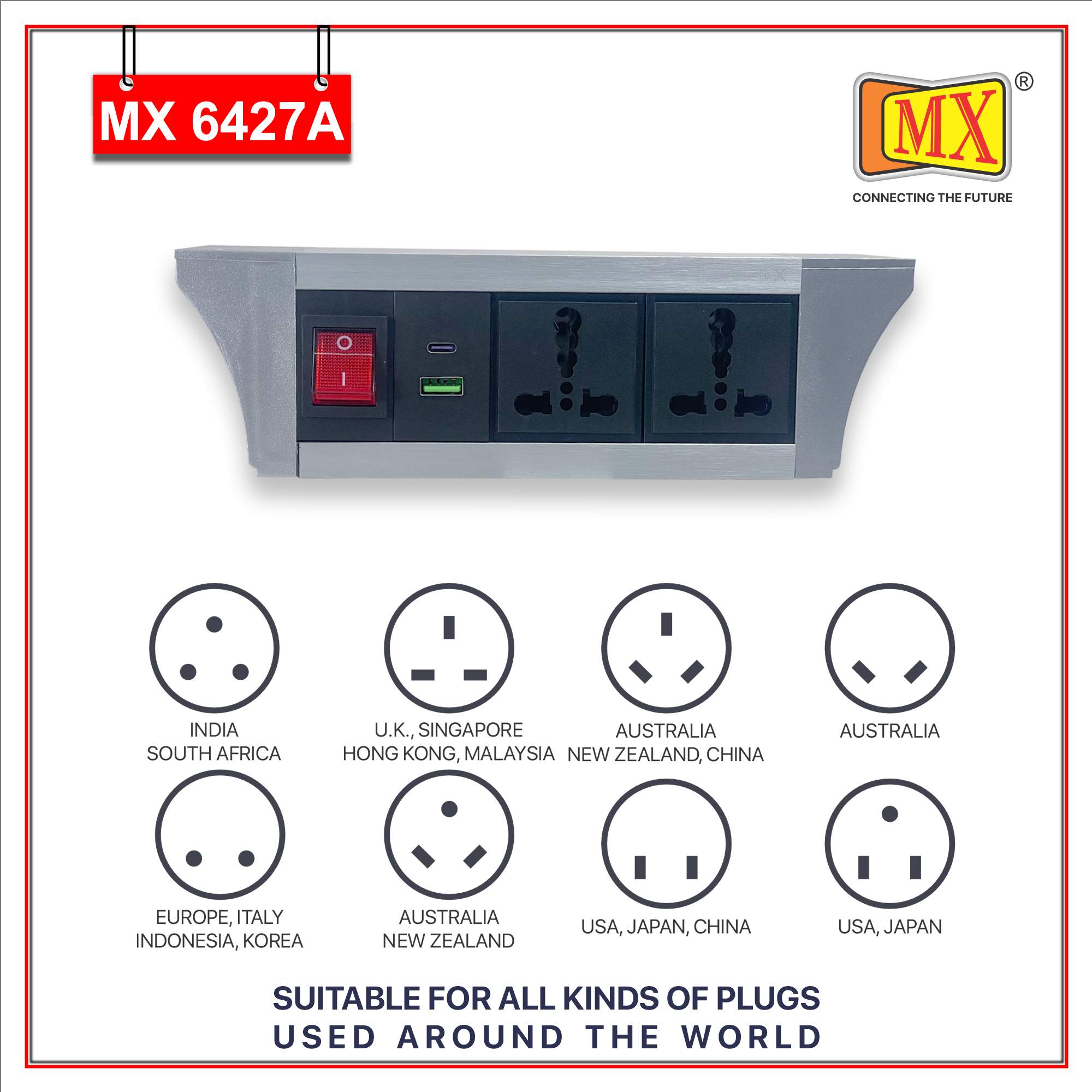 MX PDU Under table 6/16 Amps 2 Universal Socket | 2 USB (2.4 Amp) with 30W PD Charger | Dual Pole LED Indicator Switch | 16 Amps Heavy Duty Cord 3 Meter with ISI Marked, Aluminium Body Material(MX 6427A-3M Silver) - Image 4