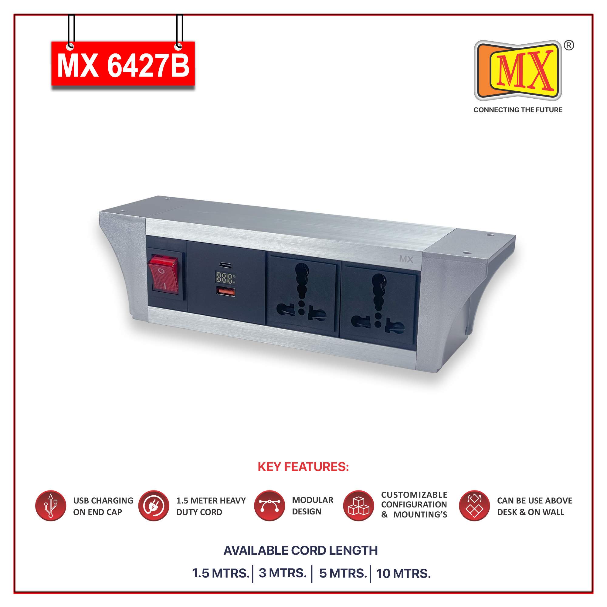 MX PDU Under table 6/16 Amps 2 Universal Socket | 2 USB (2.4 Amp) with 30W PD Charger With Display | Dual Pole LED Indicator Switch | 16 Amps Heavy Duty Cord 5 Meter with ISI Marked, Aluminium Body Material(MX 6427B-5M Silver) - Image 2