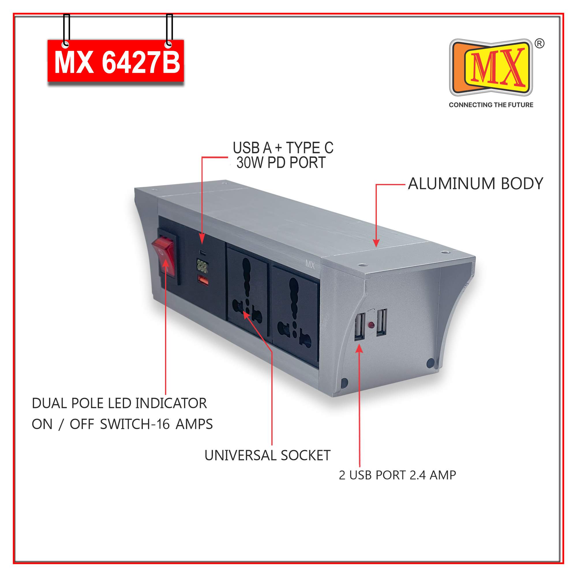 MX PDU Under table 6/16 Amps 2 Universal Socket | 2 USB (2.4 Amp) with 30W PD Charger With Display | Dual Pole LED Indicator Switch | 16 Amps Heavy Duty Cord 5 Meter with ISI Marked, Aluminium Body Material(MX 6427B-5M Silver) - Image 3