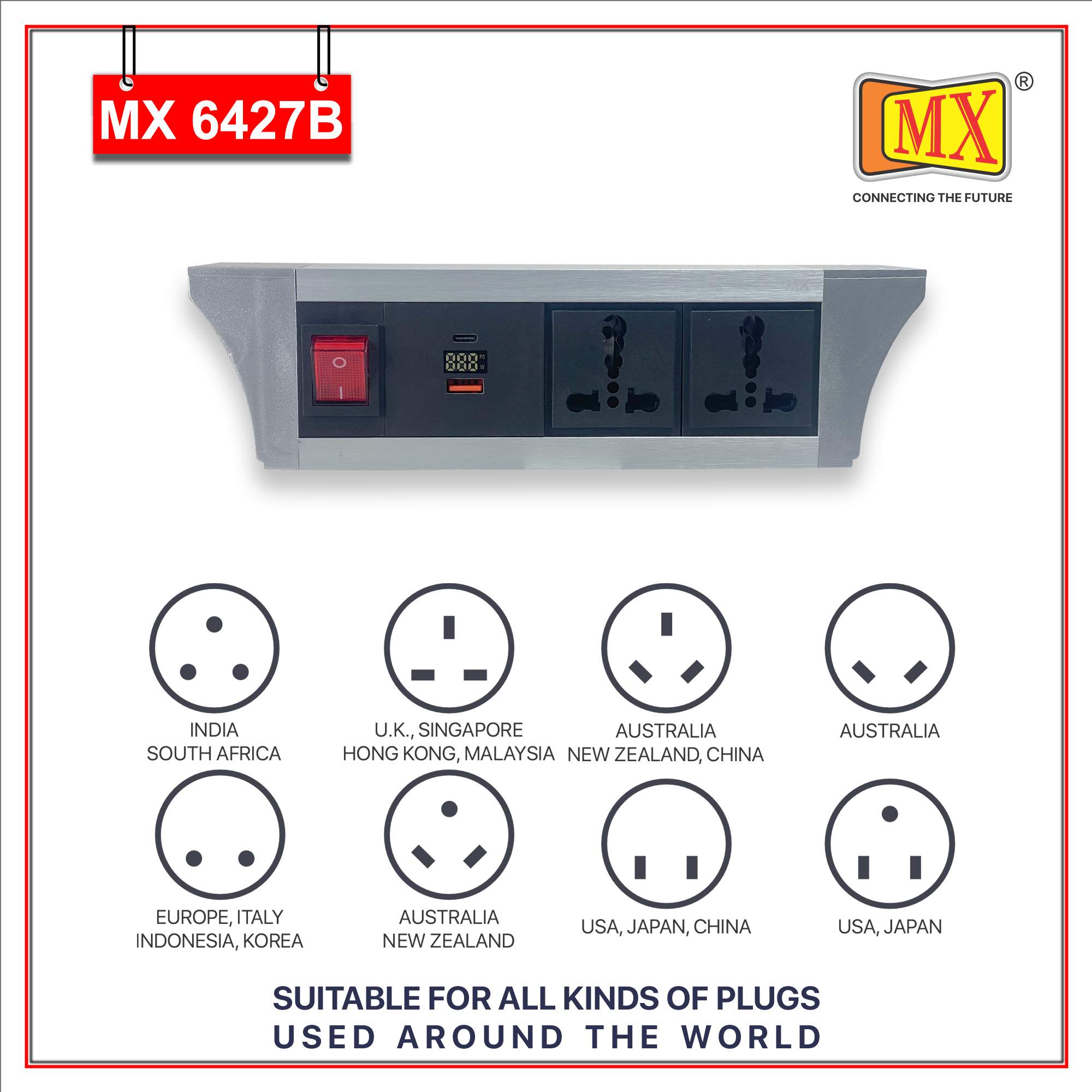 MX PDU Under table 6/16 Amps 2 Universal Socket | 2 USB (2.4 Amp) with 30W PD Charger With Display | Dual Pole LED Indicator Switch | 16 Amps Heavy Duty Cord 5 Meter with ISI Marked, Aluminium Body Material(MX 6427B-5M Silver) - Image 4