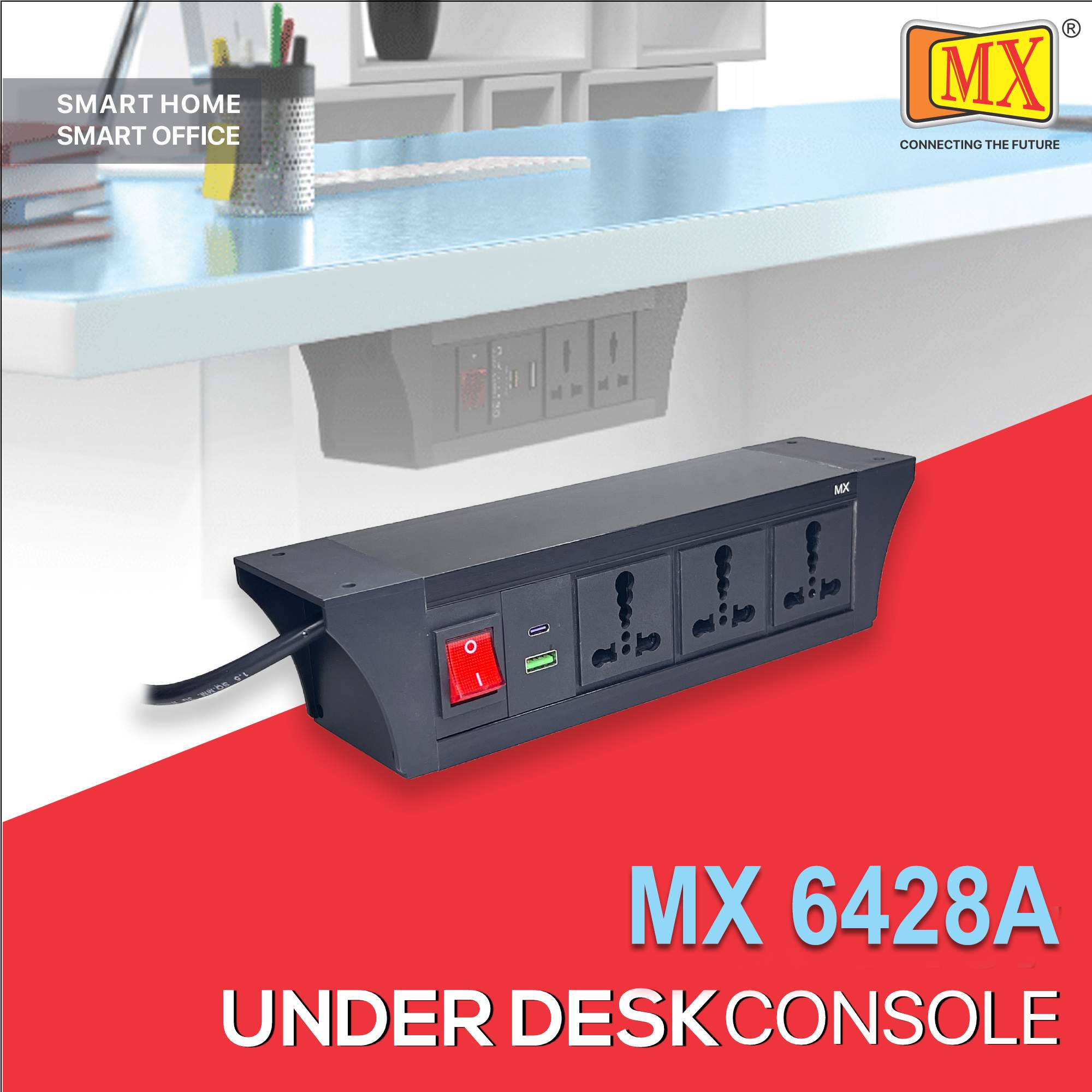 MX PDU Under table 6/16 Amps 3 Universal Socket | 2 USB (2.4 Amp) with 30W PD Charger | Dual Pole LED Indicator Switch | 16 Amps Heavy Duty Cord 5 Meter with ISI Marked, Aluminium Body Material(MX 6428A-5M Black)
