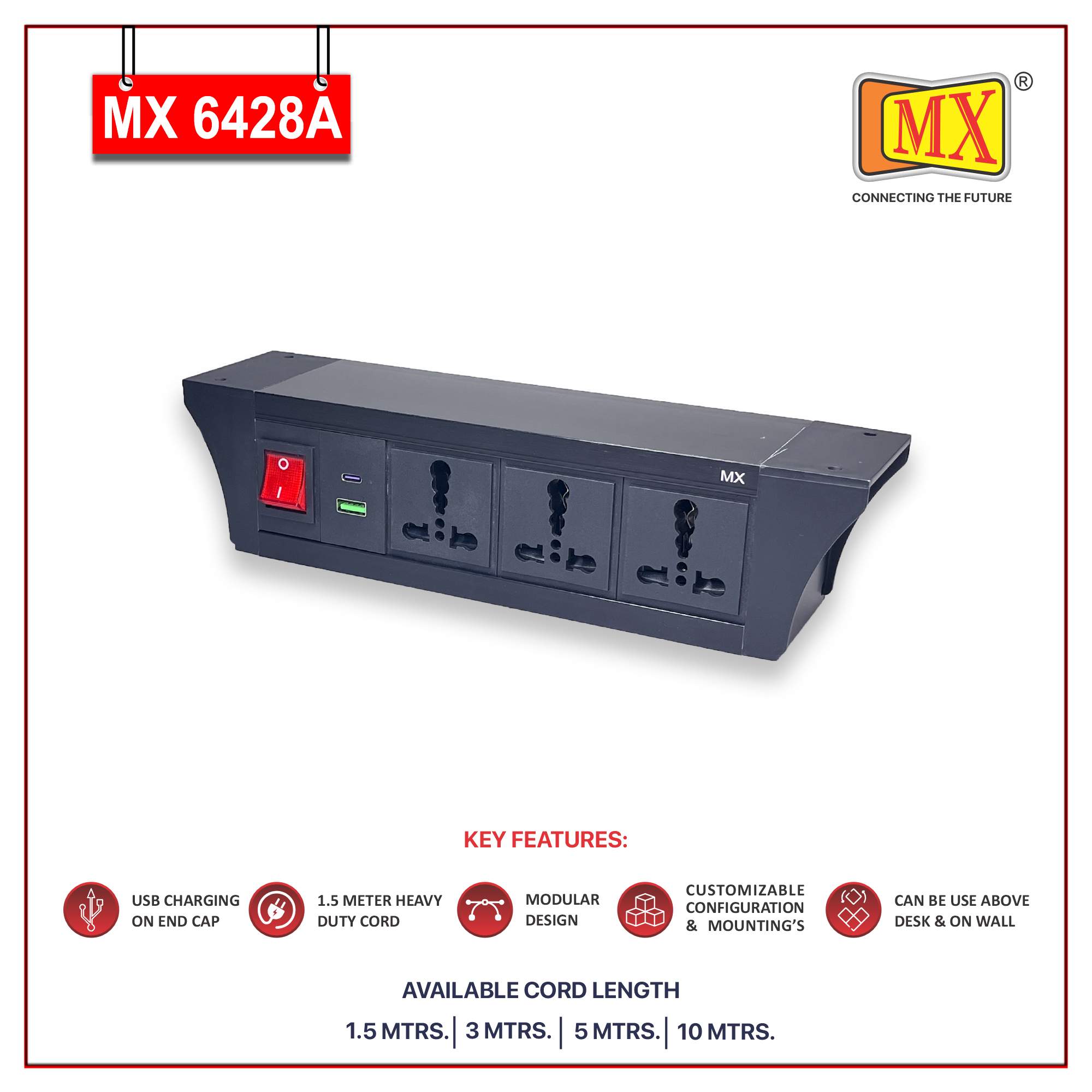 MX PDU Under table 6/16 Amps 3 Universal Socket | 2 USB (2.4 Amp) with 30W PD Charger | Dual Pole LED Indicator Switch | 16 Amps Heavy Duty Cord 5 Meter with ISI Marked, Aluminium Body Material(MX 6428A-5M Black) - Image 2