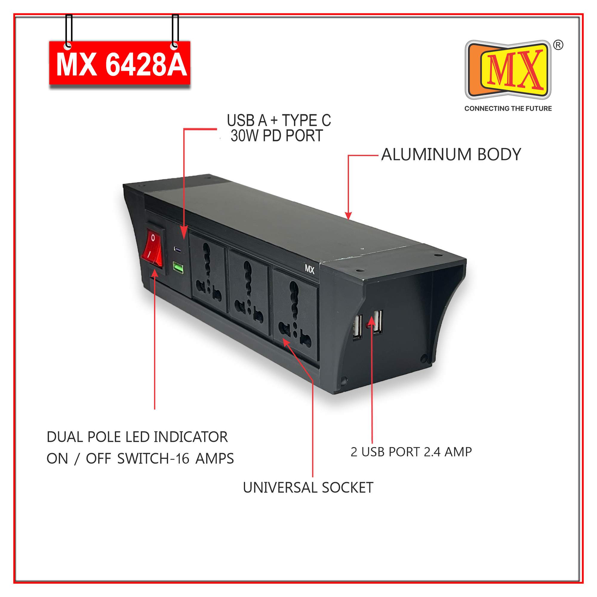 MX PDU Under table 6/16 Amps 3 Universal Socket | 2 USB (2.4 Amp) with 30W PD Charger | Dual Pole LED Indicator Switch | 16 Amps Heavy Duty Cord 5 Meter with ISI Marked, Aluminium Body Material(MX 6428A-5M Black) - Image 3
