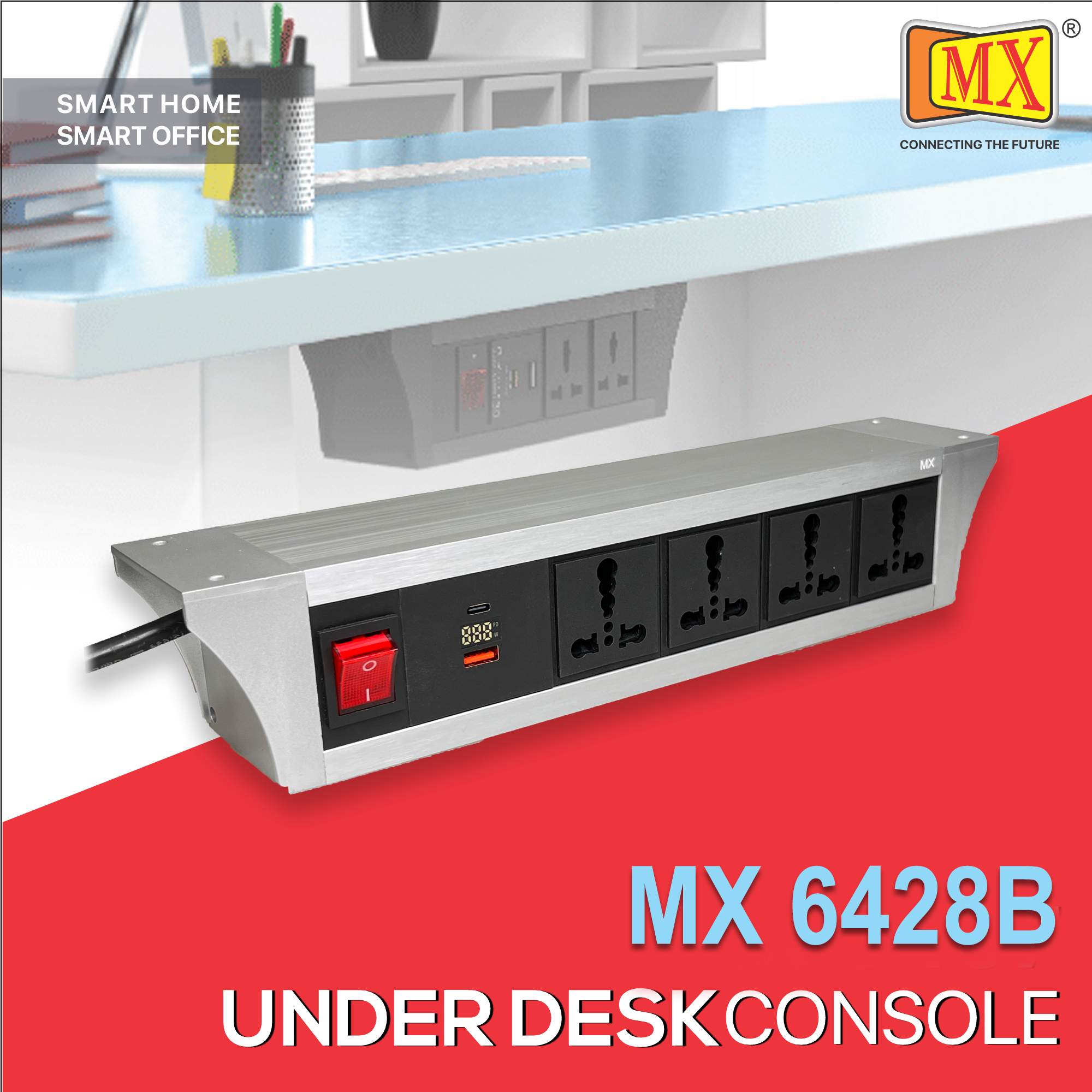 MX PDU Under table 6/16 Amps 4 Universal Socket | 2 USB (2.4 Amp) with 30W PD Charger With Display | Dual Pole LED Indicator Switch | 16 Amps Heavy Duty Cord 5 Meter with ISI Marked, Aluminium Body Material(MX 6429B-5M Silver)