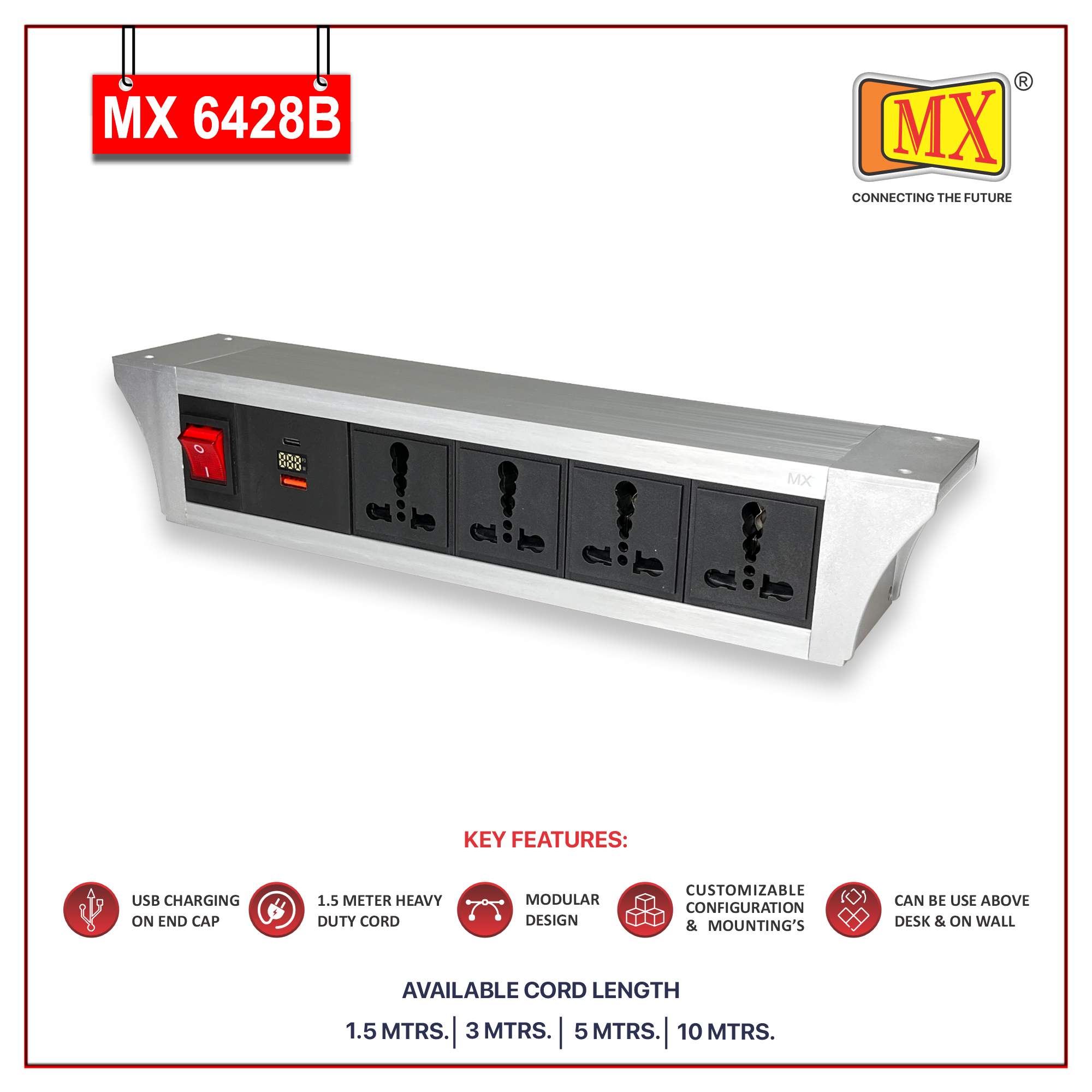 MX PDU Under table 6/16 Amps 4 Universal Socket | 2 USB (2.4 Amp) with 30W PD Charger With Display | Dual Pole LED Indicator Switch | 16 Amps Heavy Duty Cord 5 Meter with ISI Marked, Aluminium Body Material(MX 6429B-5M Silver) - Image 2
