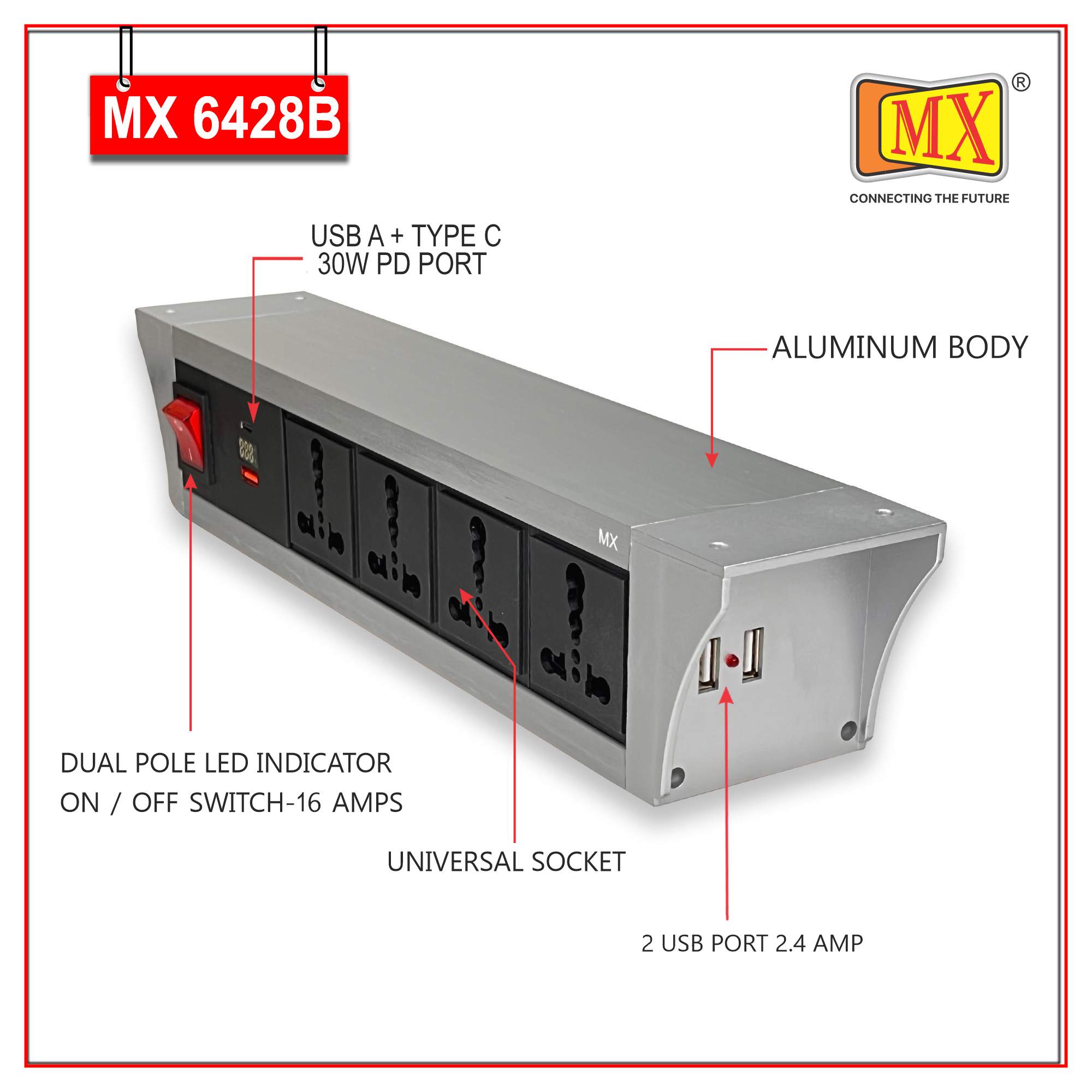 MX PDU Under table 6/16 Amps 4 Universal Socket | 2 USB (2.4 Amp) with 30W PD Charger With Display | Dual Pole LED Indicator Switch | 16 Amps Heavy Duty Cord 5 Meter with ISI Marked, Aluminium Body Material(MX 6429B-5M Silver) - Image 3