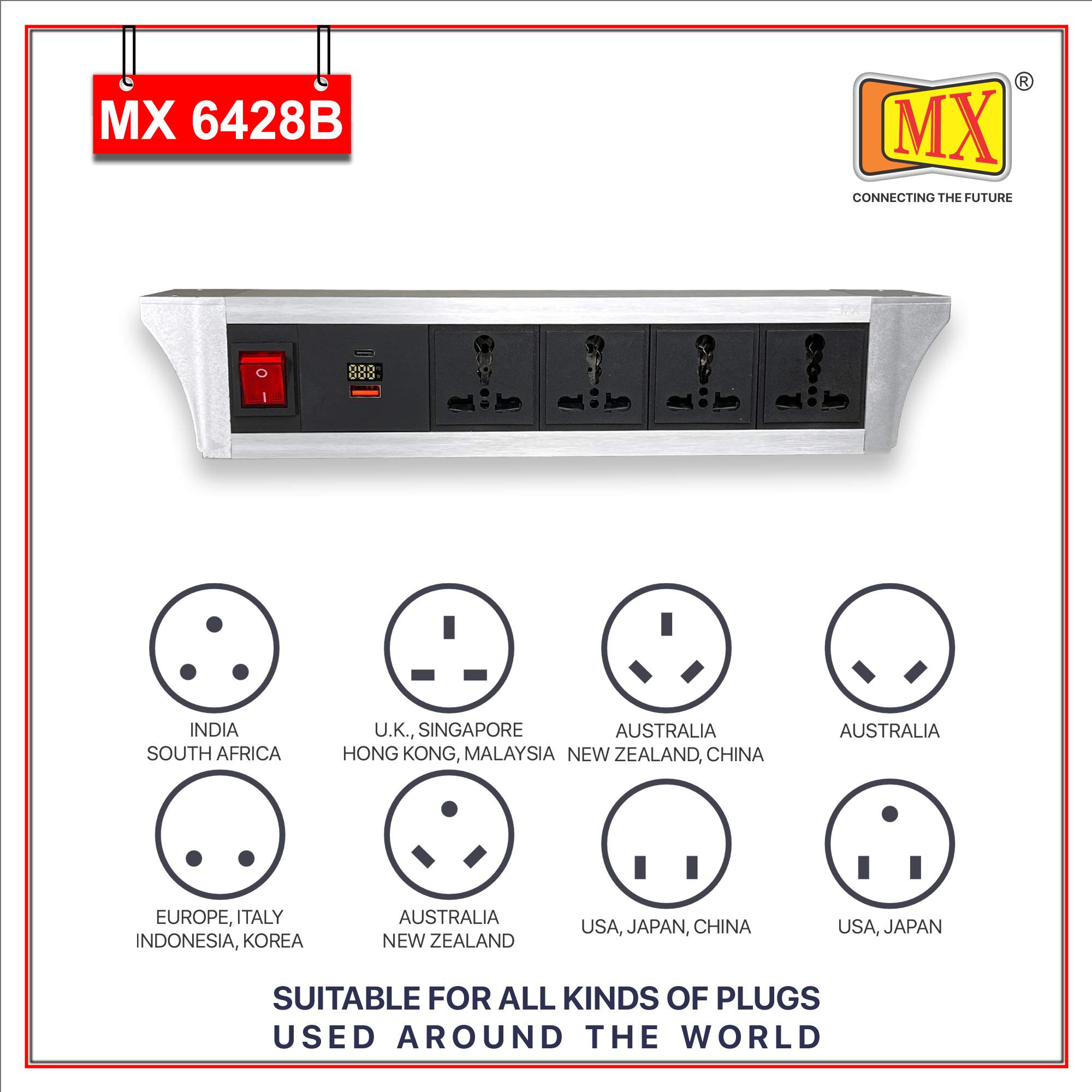 MX PDU Under table 6/16 Amps 4 Universal Socket | 2 USB (2.4 Amp) with 30W PD Charger With Display | Dual Pole LED Indicator Switch | 16 Amps Heavy Duty Cord 5 Meter with ISI Marked, Aluminium Body Material(MX 6429B-5M Silver) - Image 4