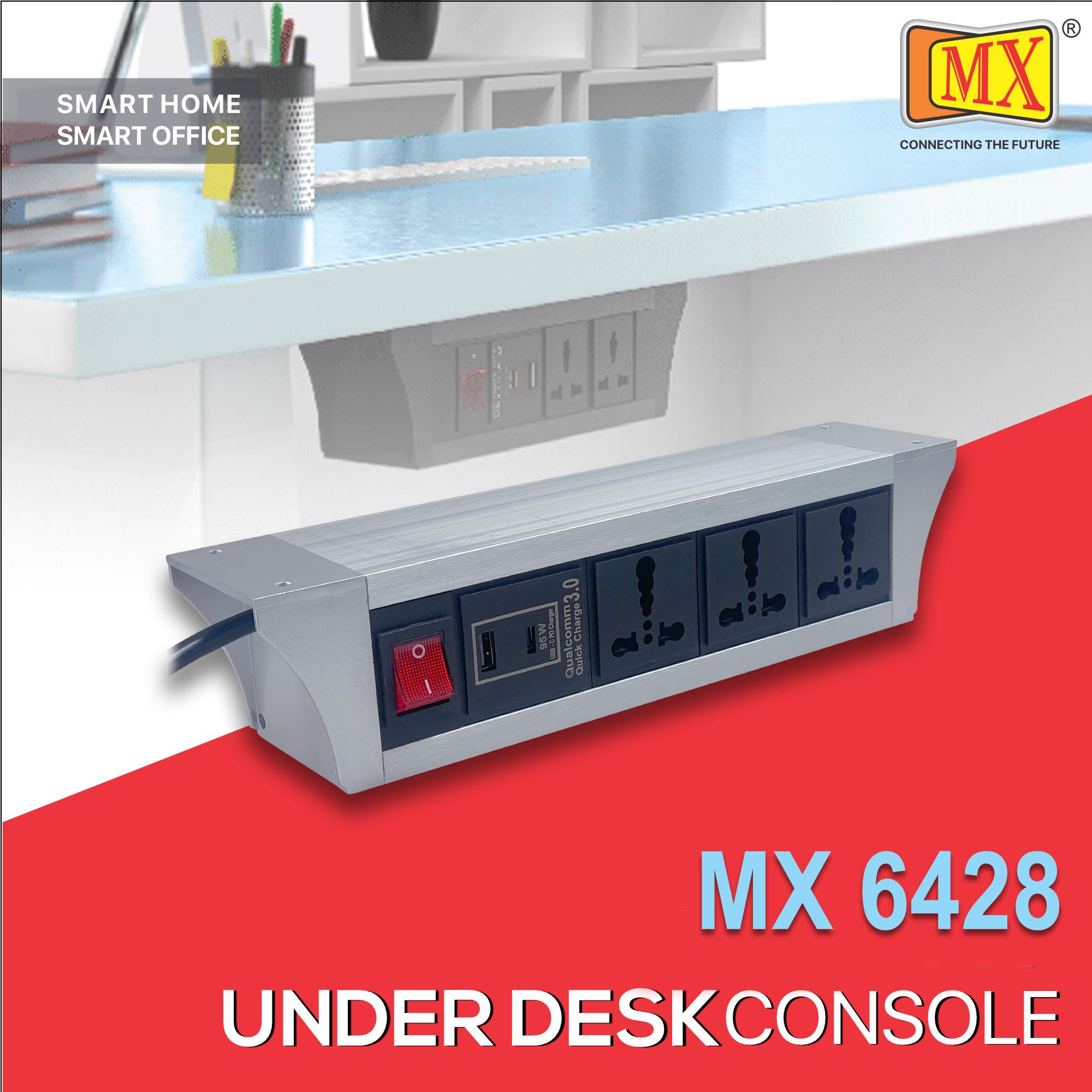 MX PDU Under table 6/16 Amps 3 Universal Socket | 2 USB (2.4 Amp) with 95W PD Charger | Dual Pole LED Indicator Switch | 16 Amps Heavy Duty Cord 1.5 Meter with ISI Marked, Aluminium Body Material(MX 6428-1.5M Silver)