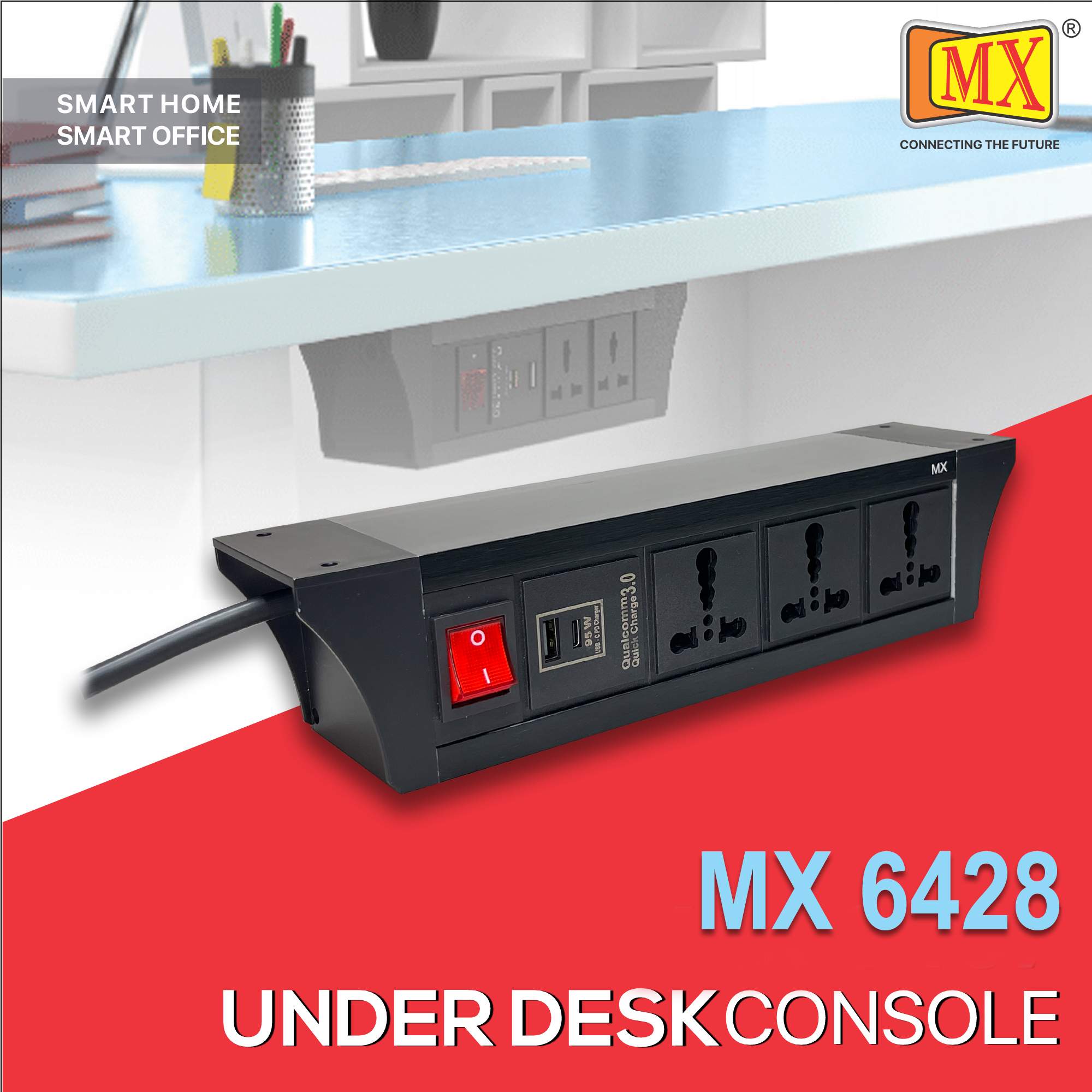 MX PDU Under table 6/16 Amps 3 Universal Socket | 2 USB (2.4 Amp) with 95W PD Charger | Dual Pole LED Indicator Switch | 16 Amps Heavy Duty Cord 1.5 Meter with ISI Marked, Aluminium Body Material(MX 6428-1.5M Black)