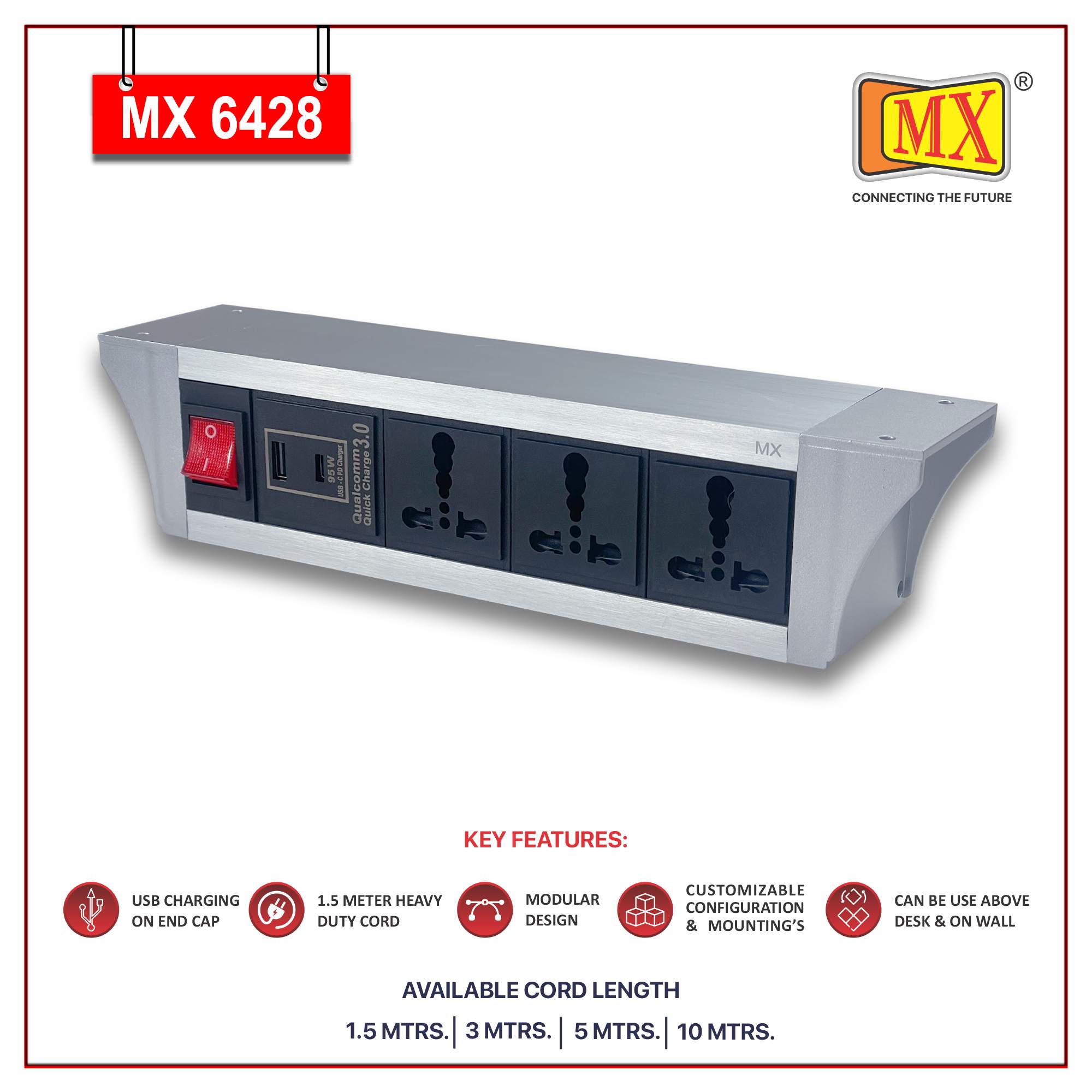 MX PDU Under table 6/16 Amps 3 Universal Socket | 2 USB (2.4 Amp) with 95W PD Charger | Dual Pole LED Indicator Switch | 16 Amps Heavy Duty Cord 1.5 Meter with ISI Marked, Aluminium Body Material(MX 6428-1.5M Silver) - Image 2