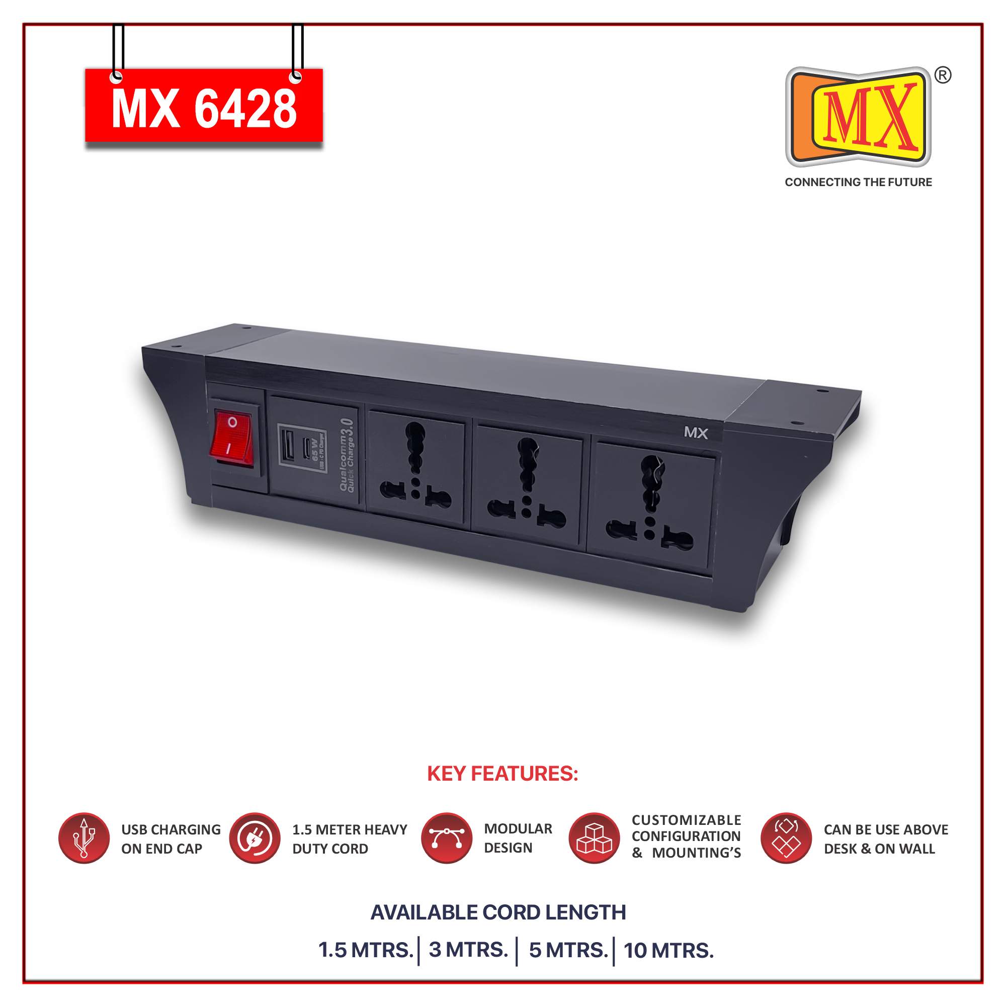 MX PDU Under table 6/16 Amps 3 Universal Socket | 2 USB (2.4 Amp) with 95W PD Charger | Dual Pole LED Indicator Switch | 16 Amps Heavy Duty Cord 1.5 Meter with ISI Marked, Aluminium Body Material(MX 6428-1.5M Black) - Image 2