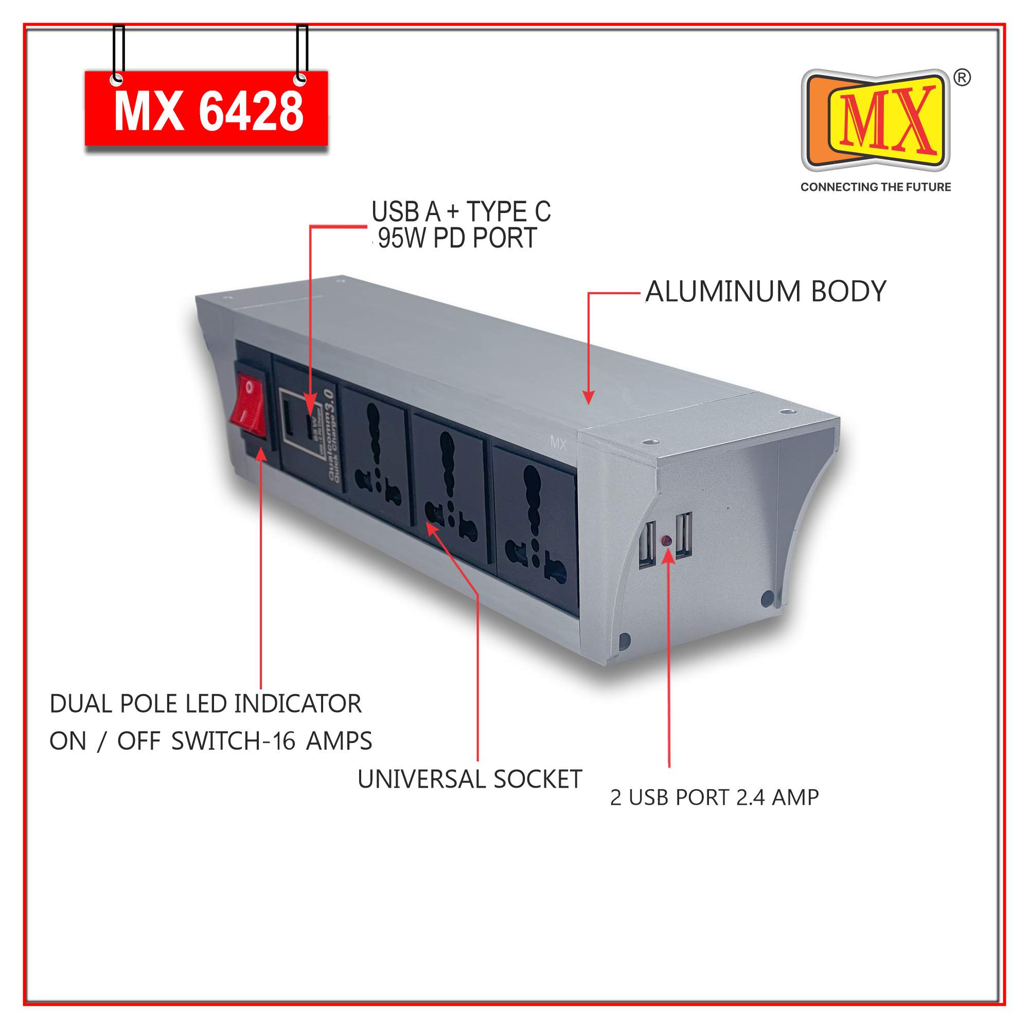 MX PDU Under table 6/16 Amps 3 Universal Socket | 2 USB (2.4 Amp) with 95W PD Charger | Dual Pole LED Indicator Switch | 16 Amps Heavy Duty Cord 1.5 Meter with ISI Marked, Aluminium Body Material(MX 6428-1.5M Silver) - Image 3