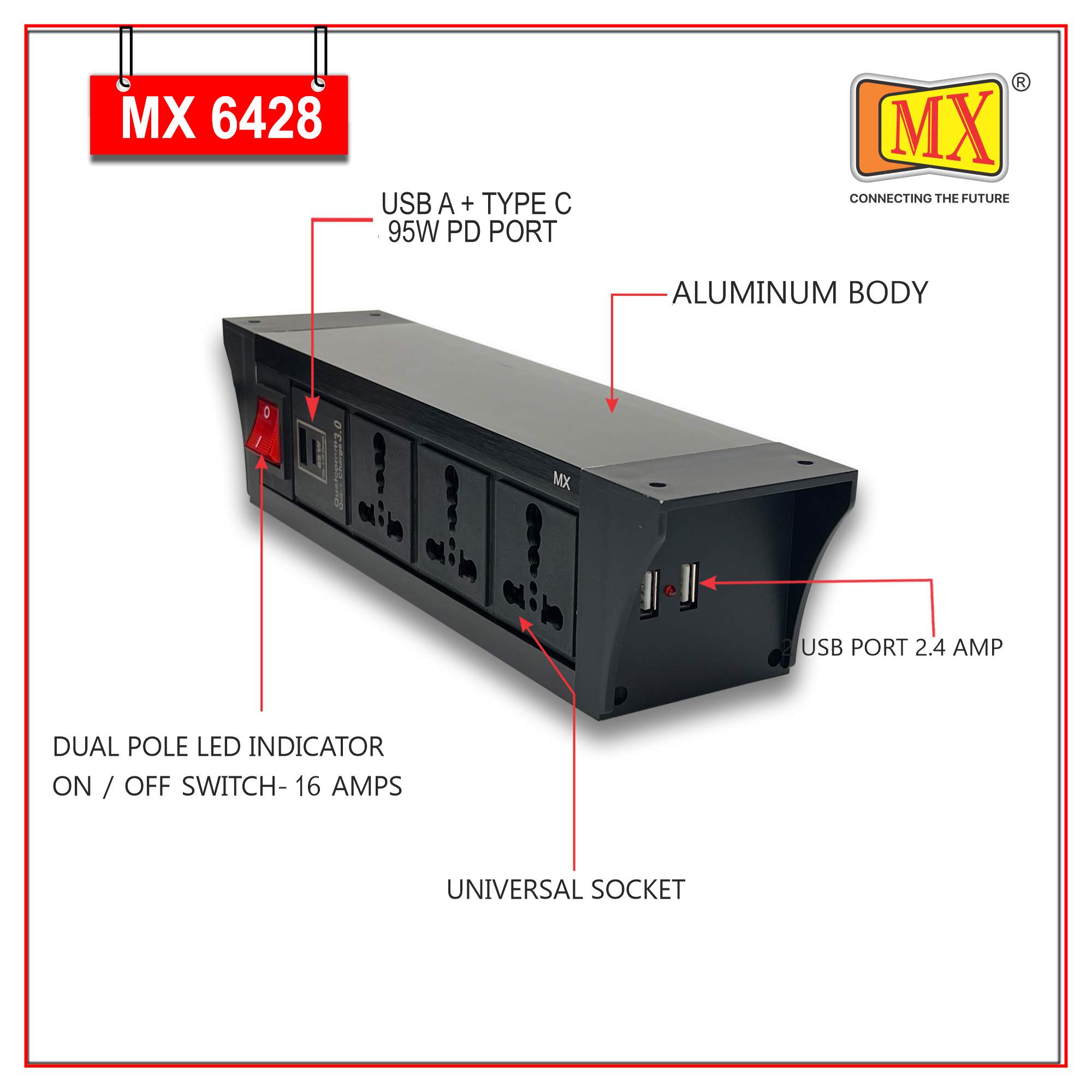 MX PDU Under table 6/16 Amps 3 Universal Socket | 2 USB (2.4 Amp) with 95W PD Charger | Dual Pole LED Indicator Switch | 16 Amps Heavy Duty Cord 1.5 Meter with ISI Marked, Aluminium Body Material(MX 6428-1.5M Black) - Image 3