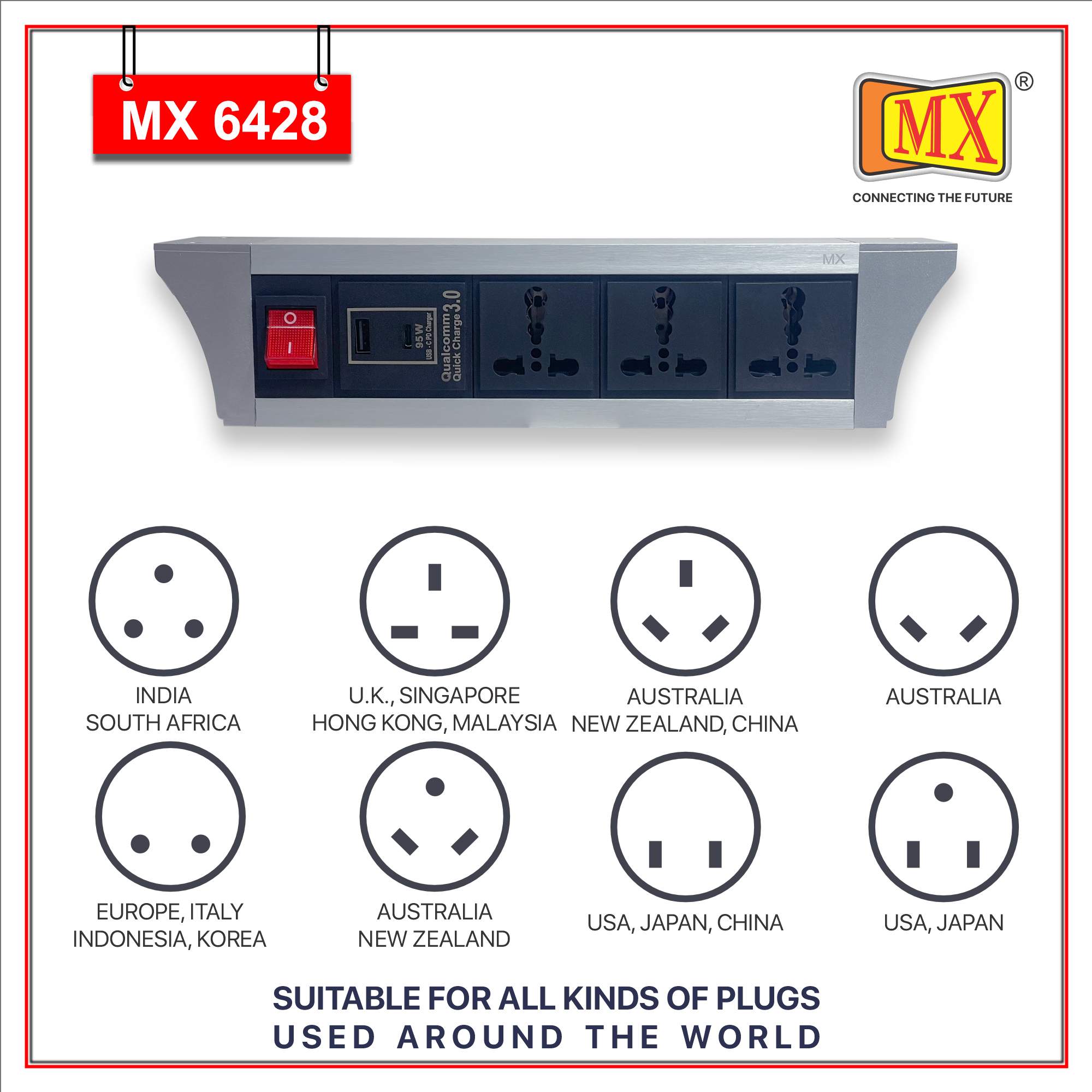 MX PDU Under table 6/16 Amps 3 Universal Socket | 2 USB (2.4 Amp) with 95W PD Charger | Dual Pole LED Indicator Switch | 16 Amps Heavy Duty Cord 1.5 Meter with ISI Marked, Aluminium Body Material(MX 6428-1.5M Silver) - Image 4