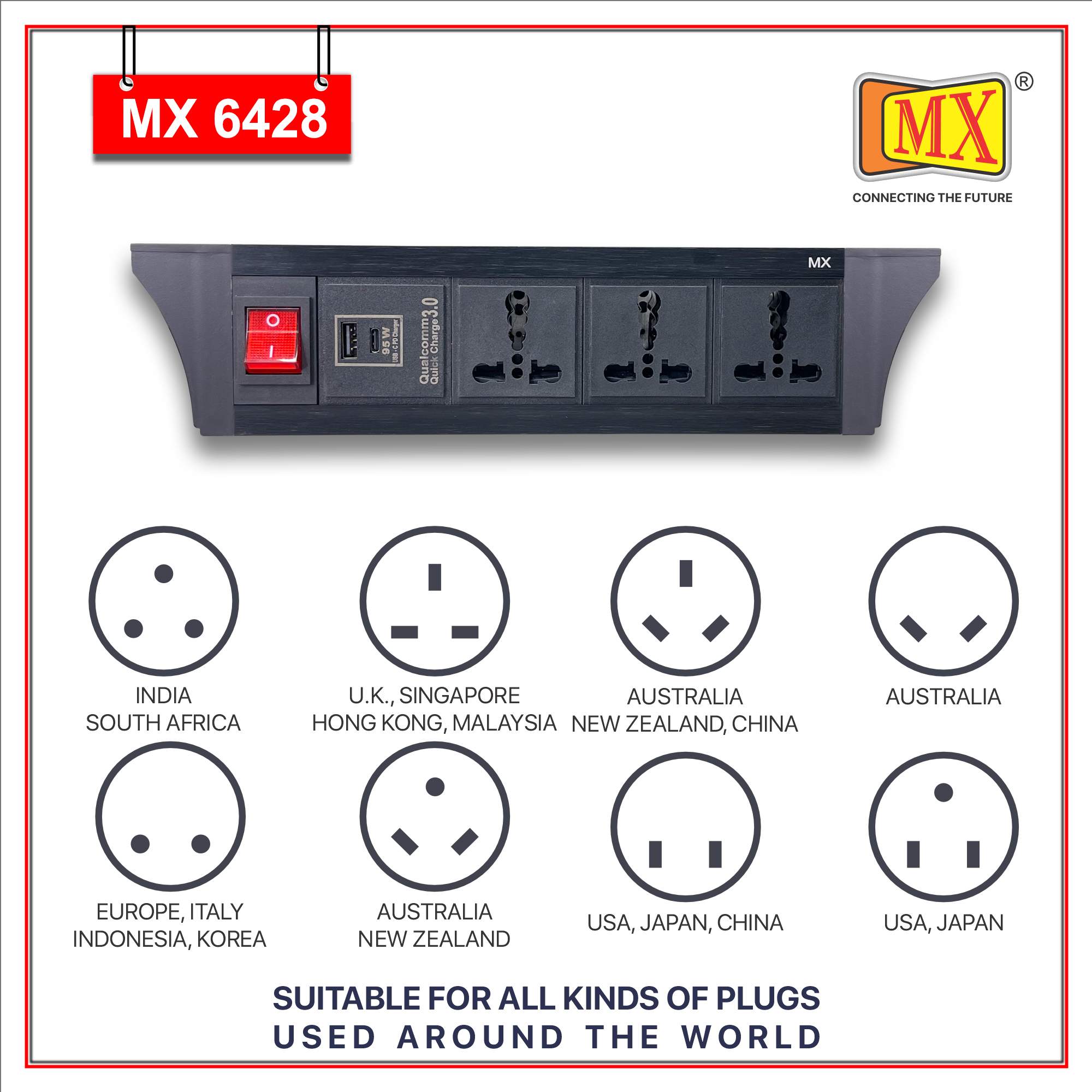 MX PDU Under table 6/16 Amps 3 Universal Socket | 2 USB (2.4 Amp) with 95W PD Charger | Dual Pole LED Indicator Switch | 16 Amps Heavy Duty Cord 1.5 Meter with ISI Marked, Aluminium Body Material(MX 6428-1.5M Black) - Image 4