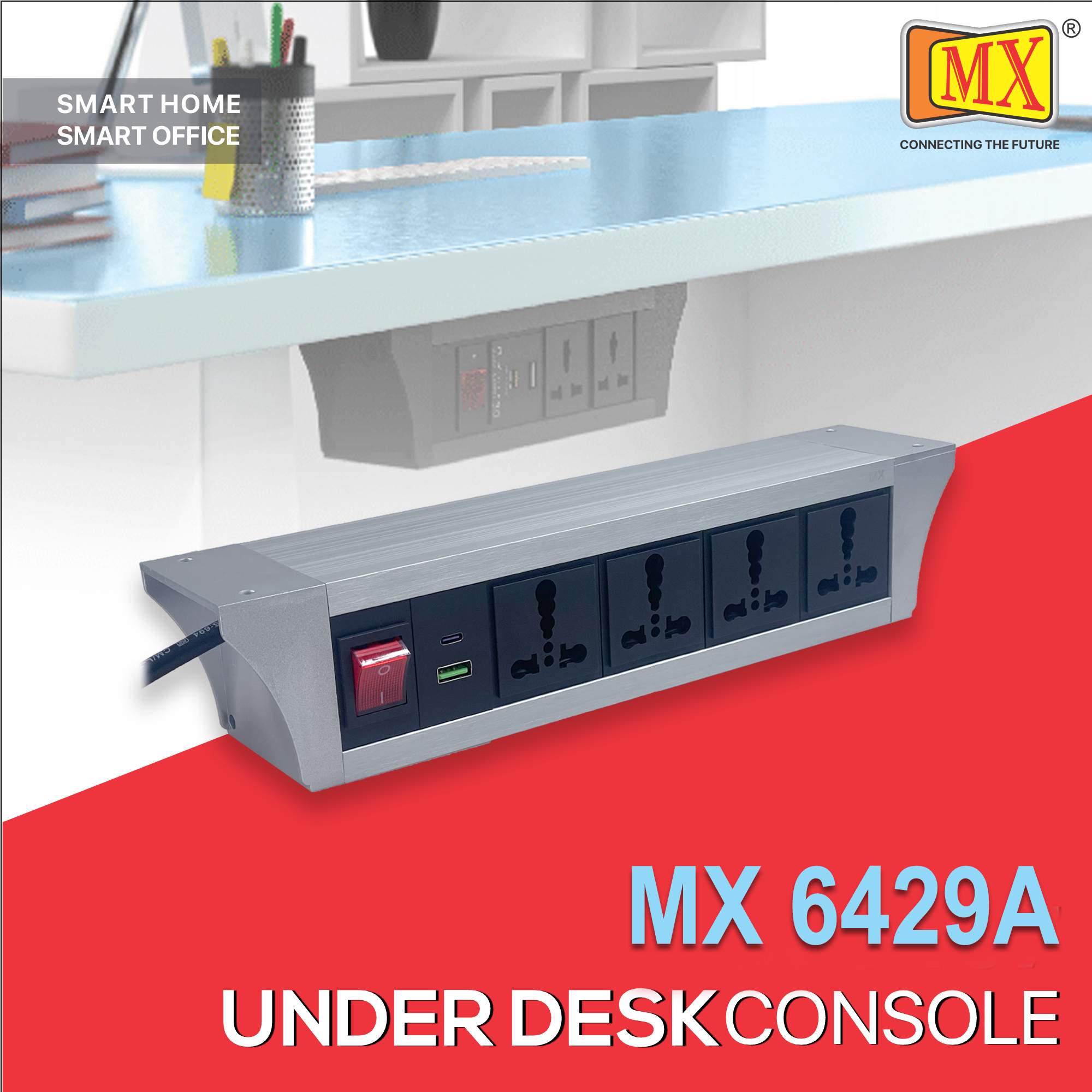 MX PDU Under table 6/16 Amps 4 Universal Socket | 2 USB (2.4 Amp) with 30W PD Charger | Dual Pole LED Indicator Switch | 16 Amps Heavy Duty Cord 1.5 Meter with ISI Marked, Aluminium Body Material(MX 6429A_1.5M Silver)