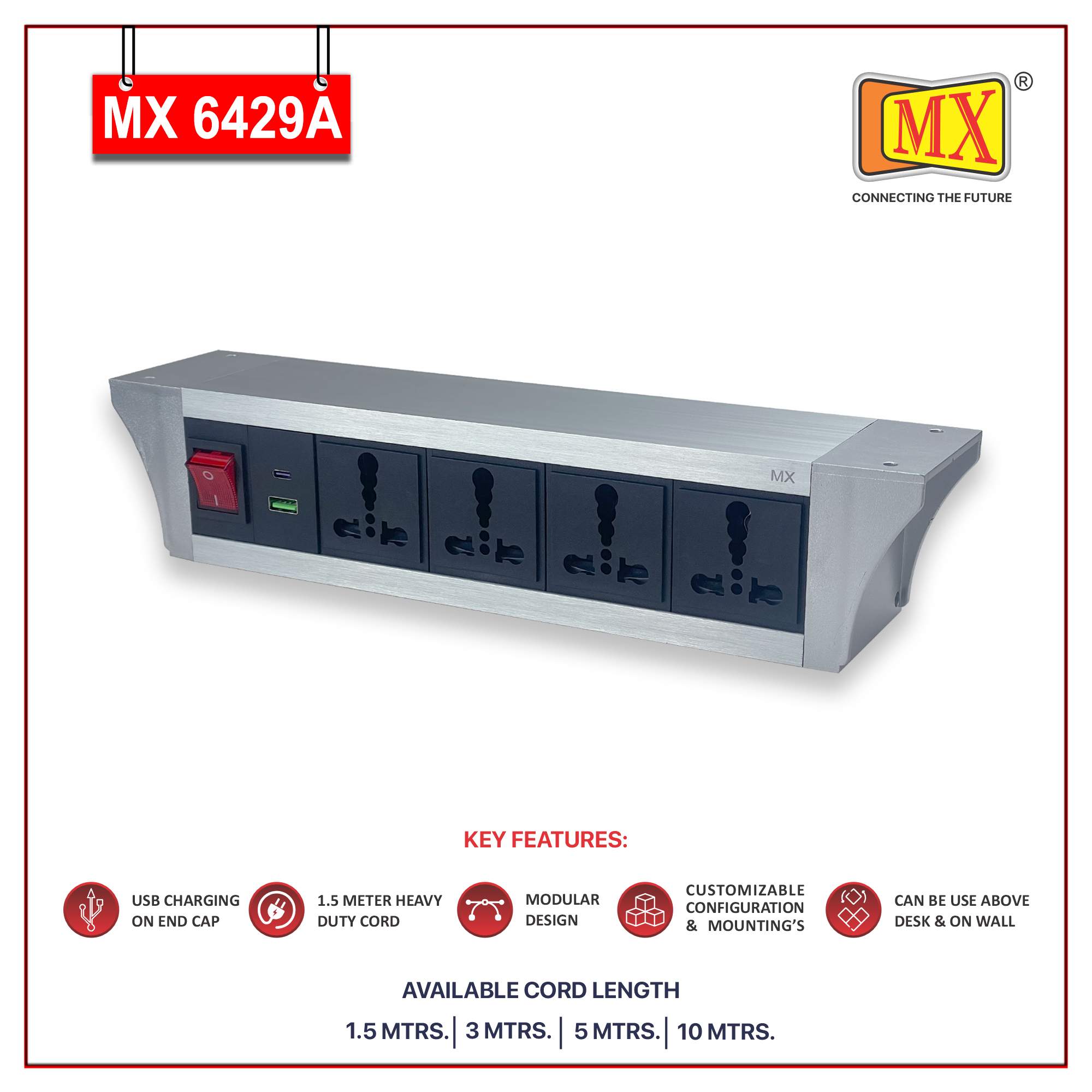 MX PDU Under table 6/16 Amps 4 Universal Socket | 2 USB (2.4 Amp) with 30W PD Charger | Dual Pole LED Indicator Switch | 16 Amps Heavy Duty Cord 1.5 Meter with ISI Marked, Aluminium Body Material(MX 6429A_1.5M Silver) - Image 2