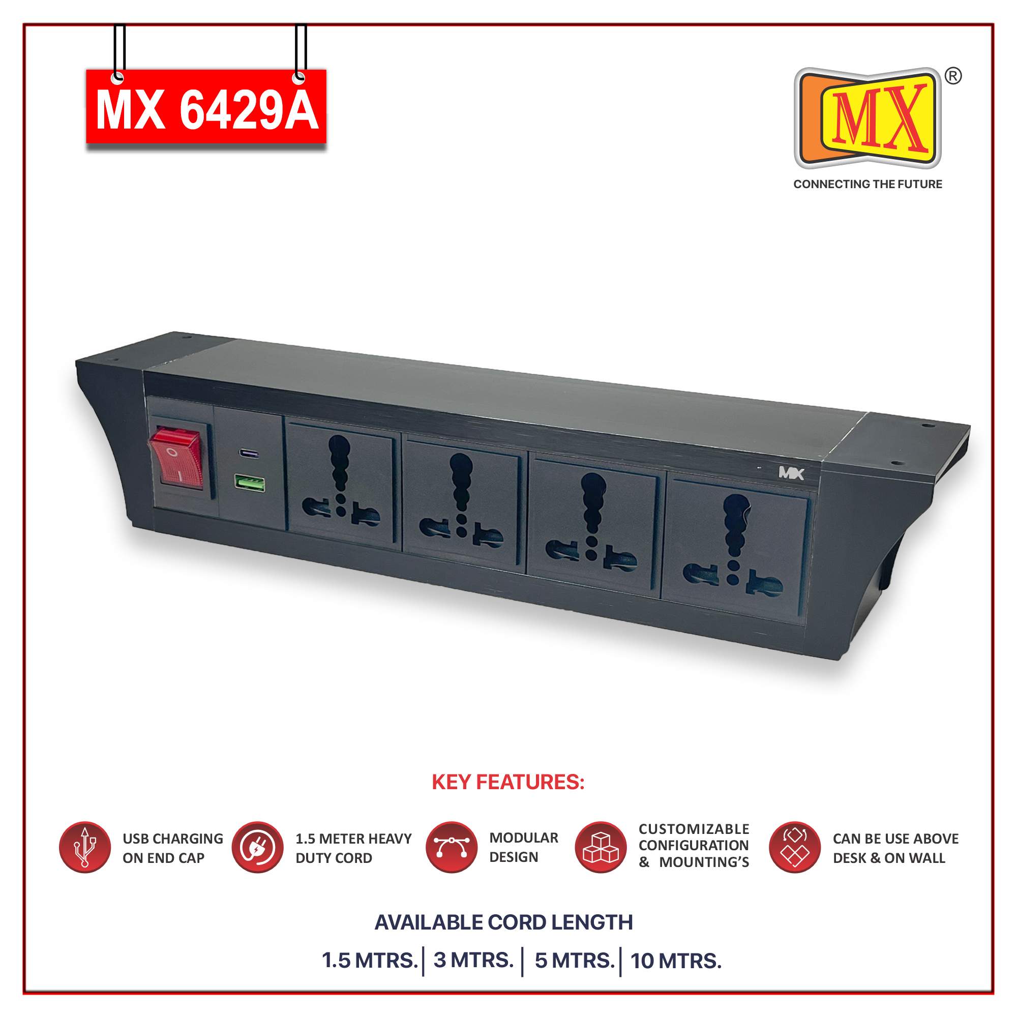 MX PDU Under table 6/16 Amps 4 Universal Socket | 2 USB (2.4 Amp) with 30W PD Charger | Dual Pole LED Indicator Switch | 16 Amps Heavy Duty Cord 3 Meter with ISI Marked, Aluminium Body Material(MX 6429A-3M Black) - Image 2
