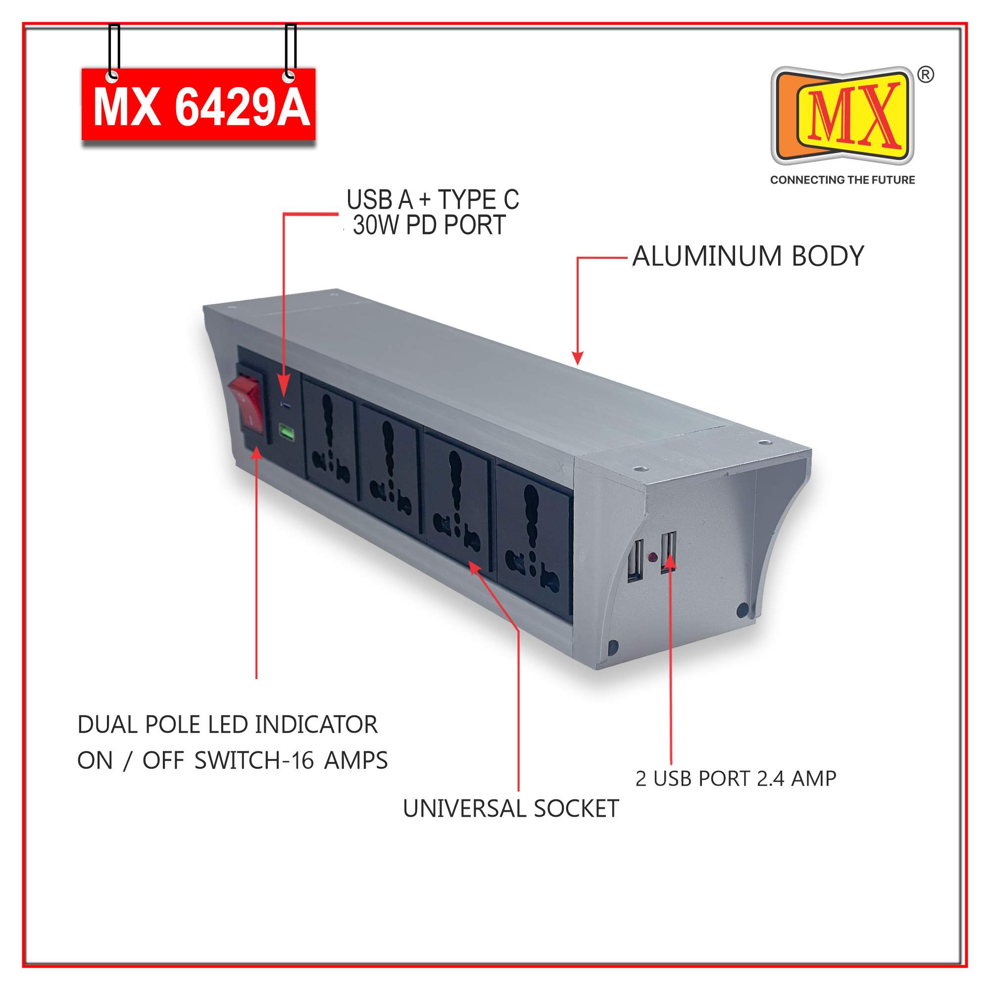 MX PDU Under table 6/16 Amps 4 Universal Socket | 2 USB (2.4 Amp) with 30W PD Charger | Dual Pole LED Indicator Switch | 16 Amps Heavy Duty Cord 1.5 Meter with ISI Marked, Aluminium Body Material(MX 6429A_1.5M Silver) - Image 3