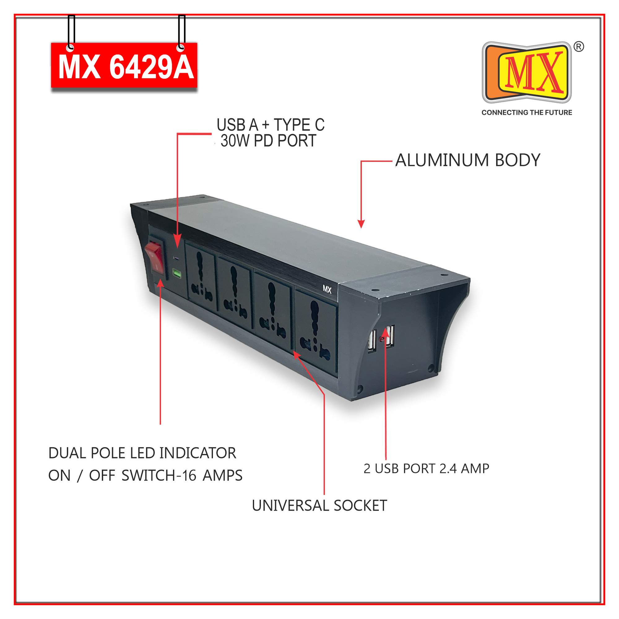 MX PDU Under table 6/16 Amps 4 Universal Socket | 2 USB (2.4 Amp) with 30W PD Charger | Dual Pole LED Indicator Switch | 16 Amps Heavy Duty Cord 3 Meter with ISI Marked, Aluminium Body Material(MX 6429A-3M Black) - Image 3
