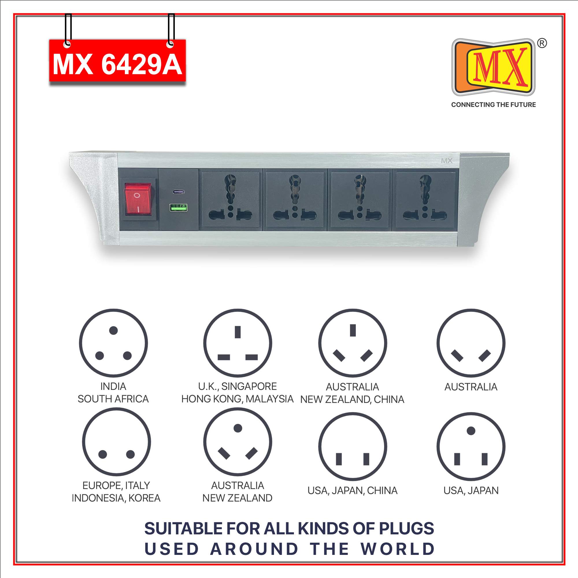 MX PDU Under table 6/16 Amps 4 Universal Socket | 2 USB (2.4 Amp) with 30W PD Charger | Dual Pole LED Indicator Switch | 16 Amps Heavy Duty Cord 1.5 Meter with ISI Marked, Aluminium Body Material(MX 6429A_1.5M Silver) - Image 4