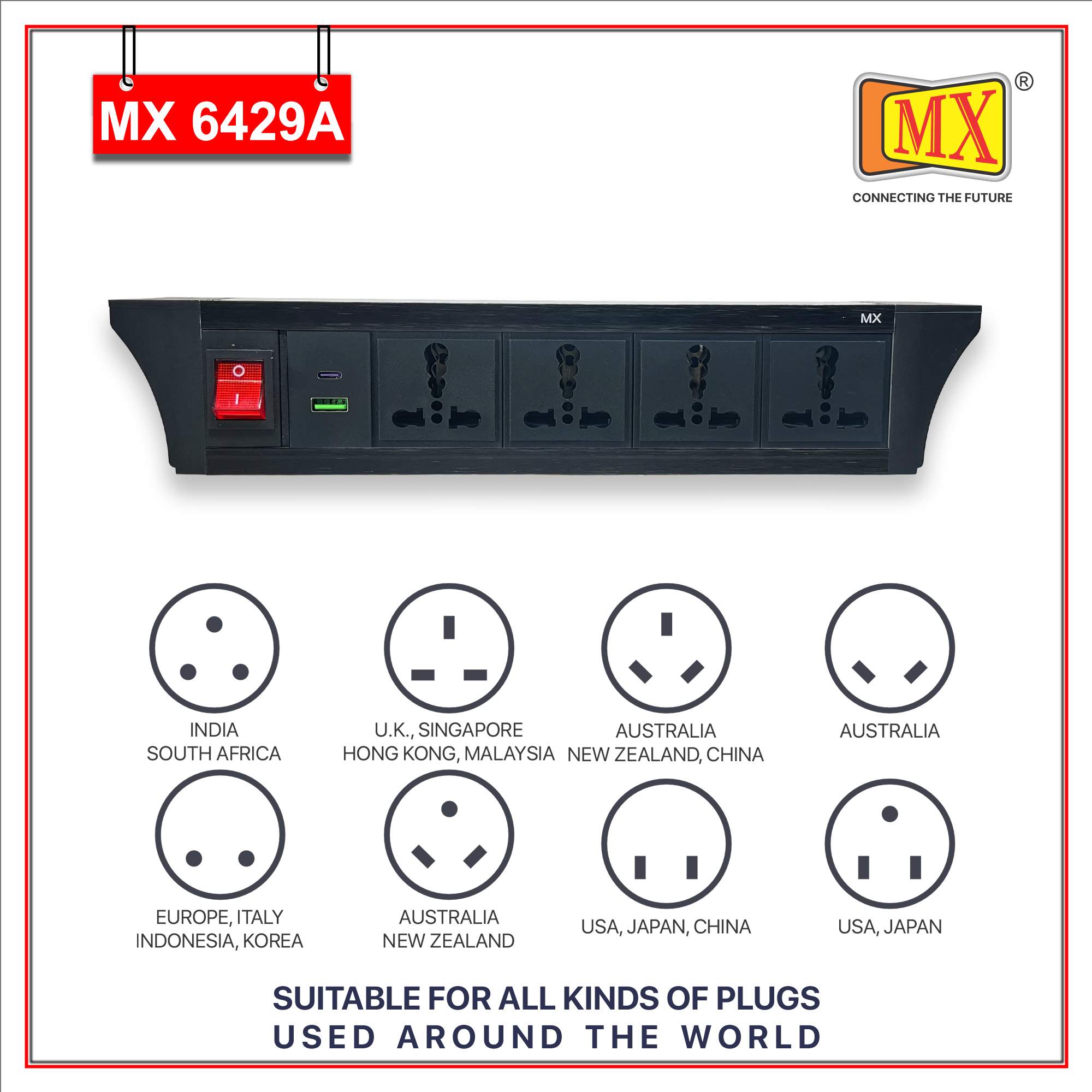 MX PDU Under table 6/16 Amps 4 Universal Socket | 2 USB (2.4 Amp) with 30W PD Charger | Dual Pole LED Indicator Switch | 16 Amps Heavy Duty Cord 3 Meter with ISI Marked, Aluminium Body Material(MX 6429A-3M Black) - Image 4