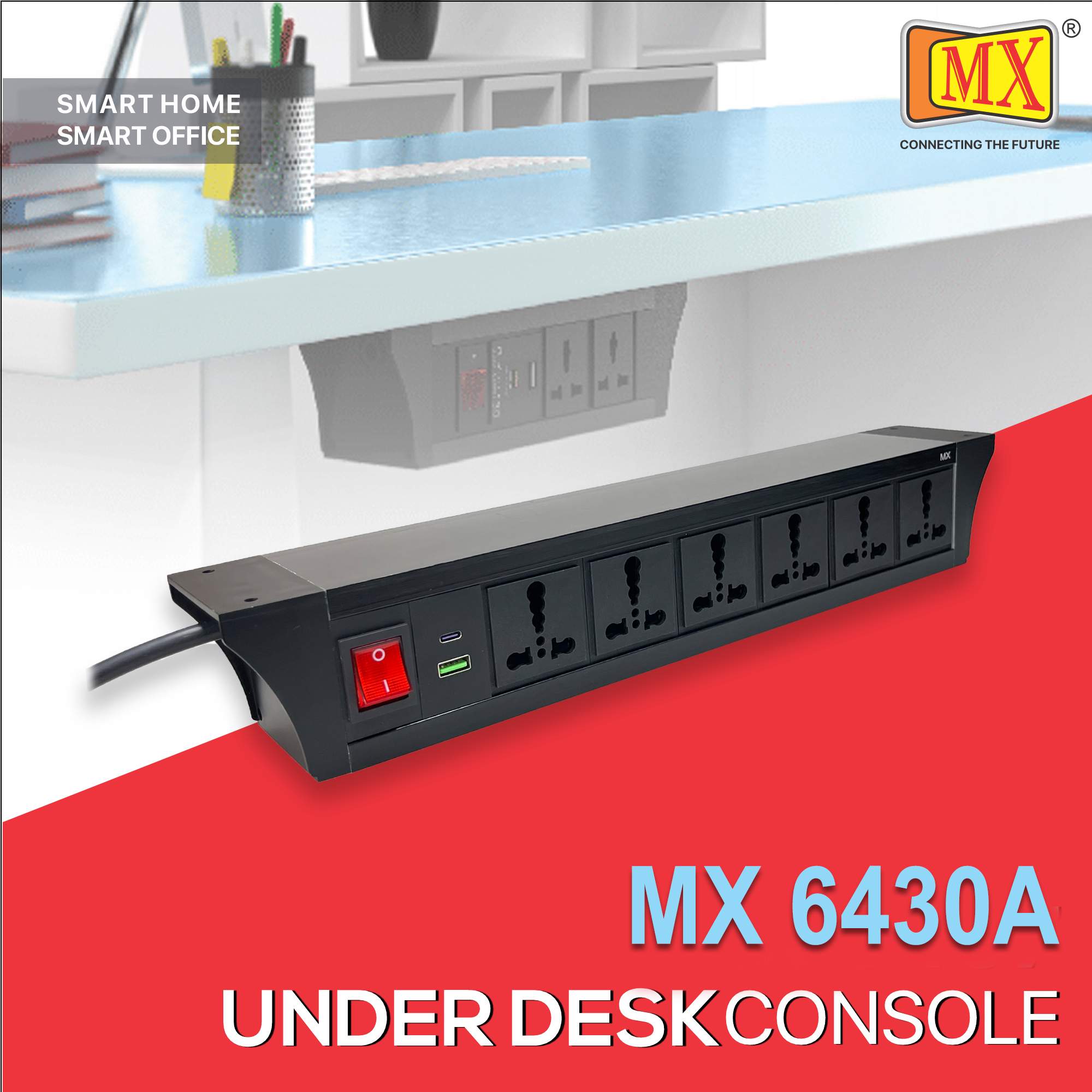MX PDU Under table 6/16 Amps 6 Universal Socket | 2 USB (2.4 Amp) with 30W PD Charger | Dual Pole LED Indicator Switch | 16 Amps Heavy Duty Cord 1.5 Meter with ISI Marked, Aluminium Body Material(MX 6430A_1.5M Black)