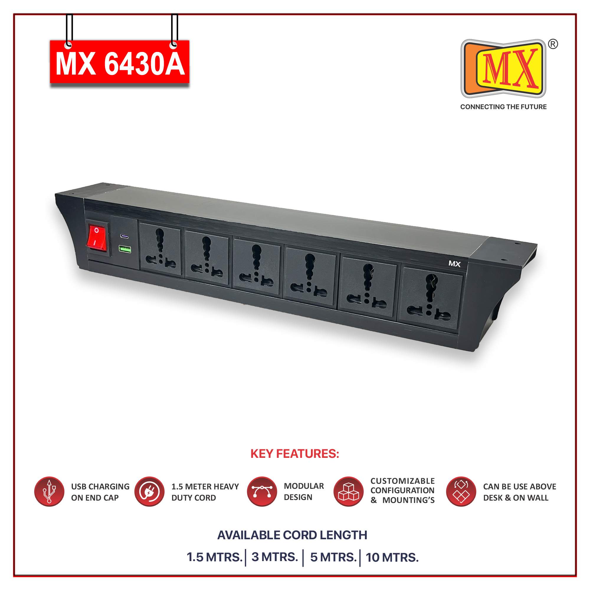 MX PDU Under table 6/16 Amps 6 Universal Socket | 2 USB (2.4 Amp) with 30W PD Charger | Dual Pole LED Indicator Switch | 16 Amps Heavy Duty Cord 1.5 Meter with ISI Marked, Aluminium Body Material(MX 6430A_1.5M Black) - Image 2
