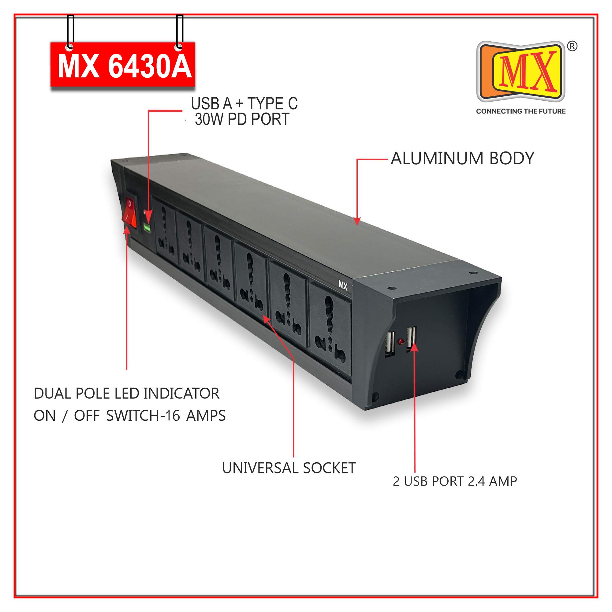 MX PDU Under table 6/16 Amps 6 Universal Socket | 2 USB (2.4 Amp) with 30W PD Charger | Dual Pole LED Indicator Switch | 16 Amps Heavy Duty Cord 1.5 Meter with ISI Marked, Aluminium Body Material(MX 6430A_1.5M Black) - Image 3