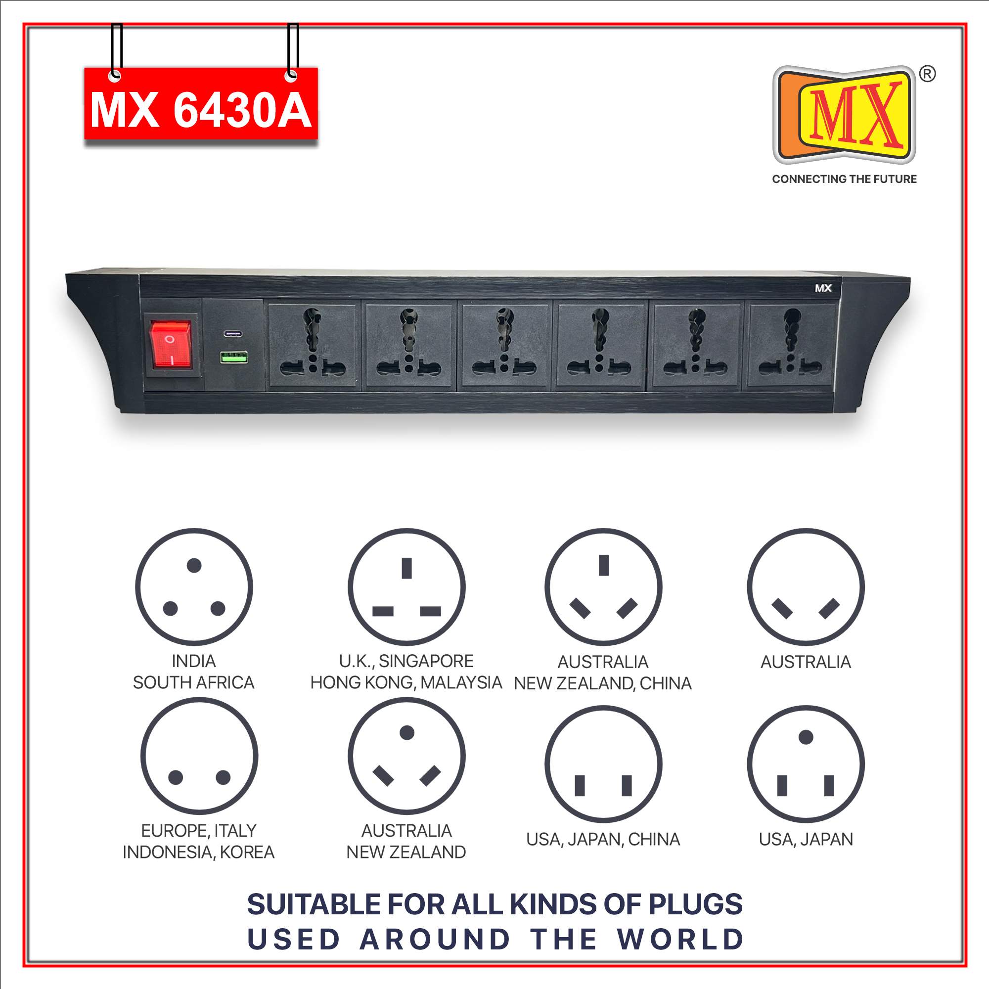 MX PDU Under table 6/16 Amps 6 Universal Socket | 2 USB (2.4 Amp) with 30W PD Charger | Dual Pole LED Indicator Switch | 16 Amps Heavy Duty Cord 1.5 Meter with ISI Marked, Aluminium Body Material(MX 6430A_1.5M Black) - Image 4