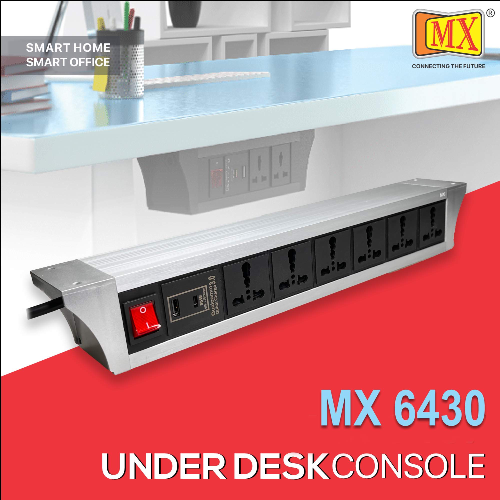 MX PDU Under table 6/16 Amps 6 Universal Socket | 2 USB (2.4 Amp) with 95W PD Charger | Dual Pole LED Indicator Switch | 16 Amps Heavy Duty Cord 3 Meter with ISI Marked, Aluminium Body Material(MX 6430-3M Silver)