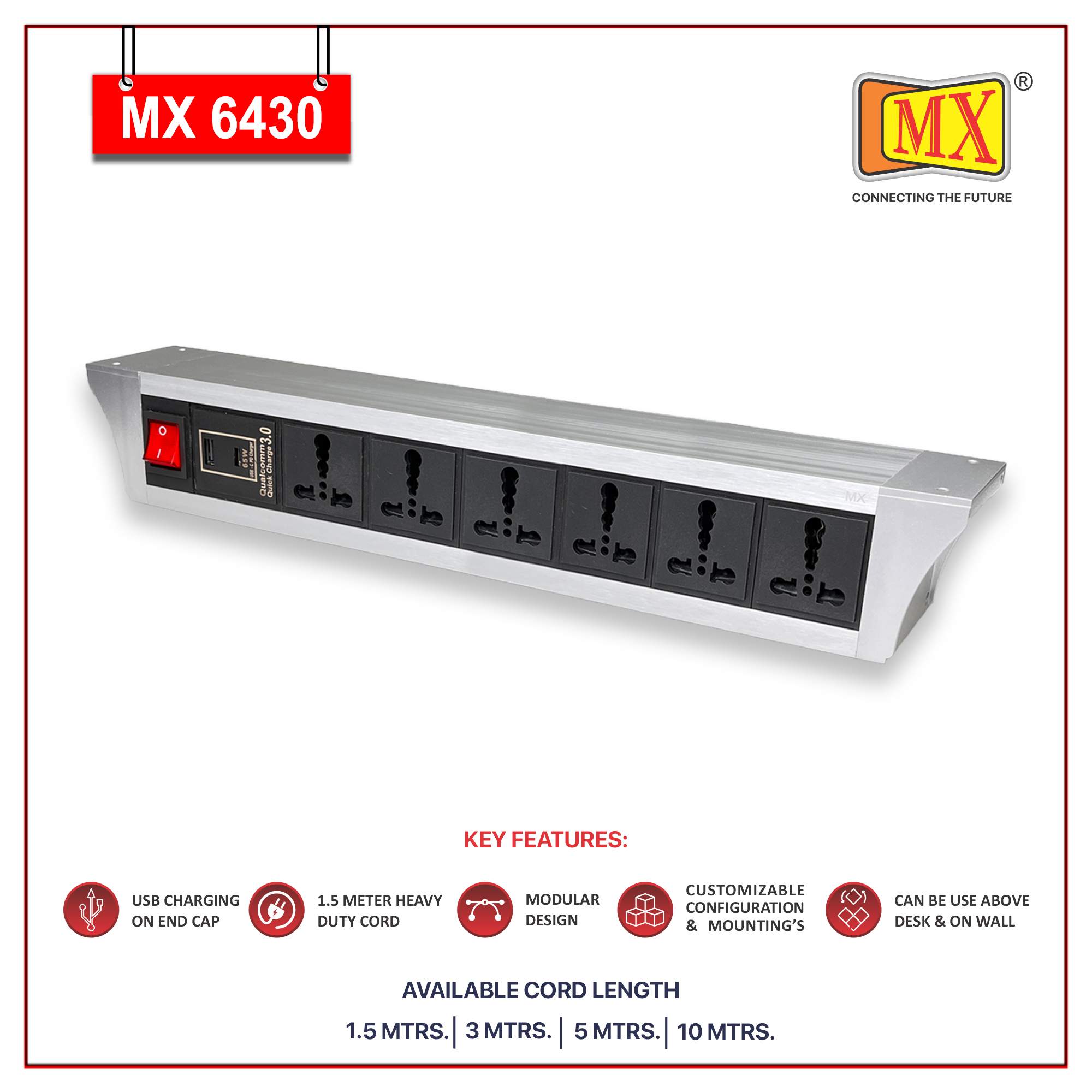 MX PDU Under table 6/16 Amps 6 Universal Socket | 2 USB (2.4 Amp) with 95W PD Charger | Dual Pole LED Indicator Switch | 16 Amps Heavy Duty Cord 3 Meter with ISI Marked, Aluminium Body Material(MX 6430-3M Silver) - Image 2