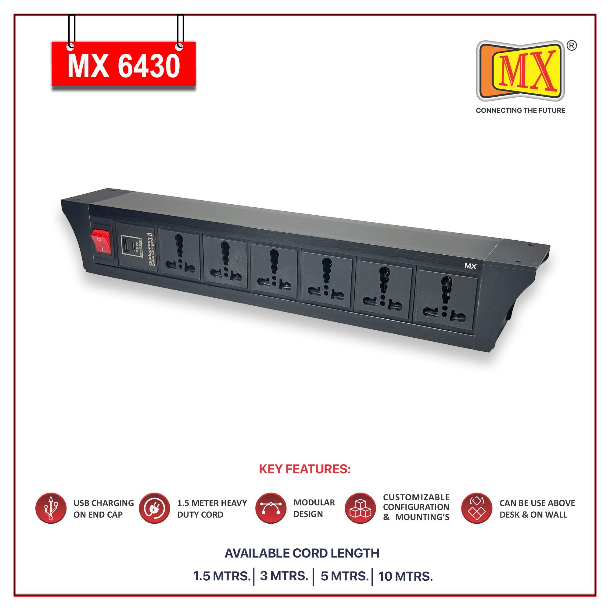 MX PDU Under table 6/16 Amps 6 Universal Socket | 2 USB (2.4 Amp) with 95W PD Charger | Dual Pole LED Indicator Switch | 16 Amps Heavy Duty Cord 5 Meter with ISI Marked, Aluminium Body Material(MX 6430-5M Black) - Image 2