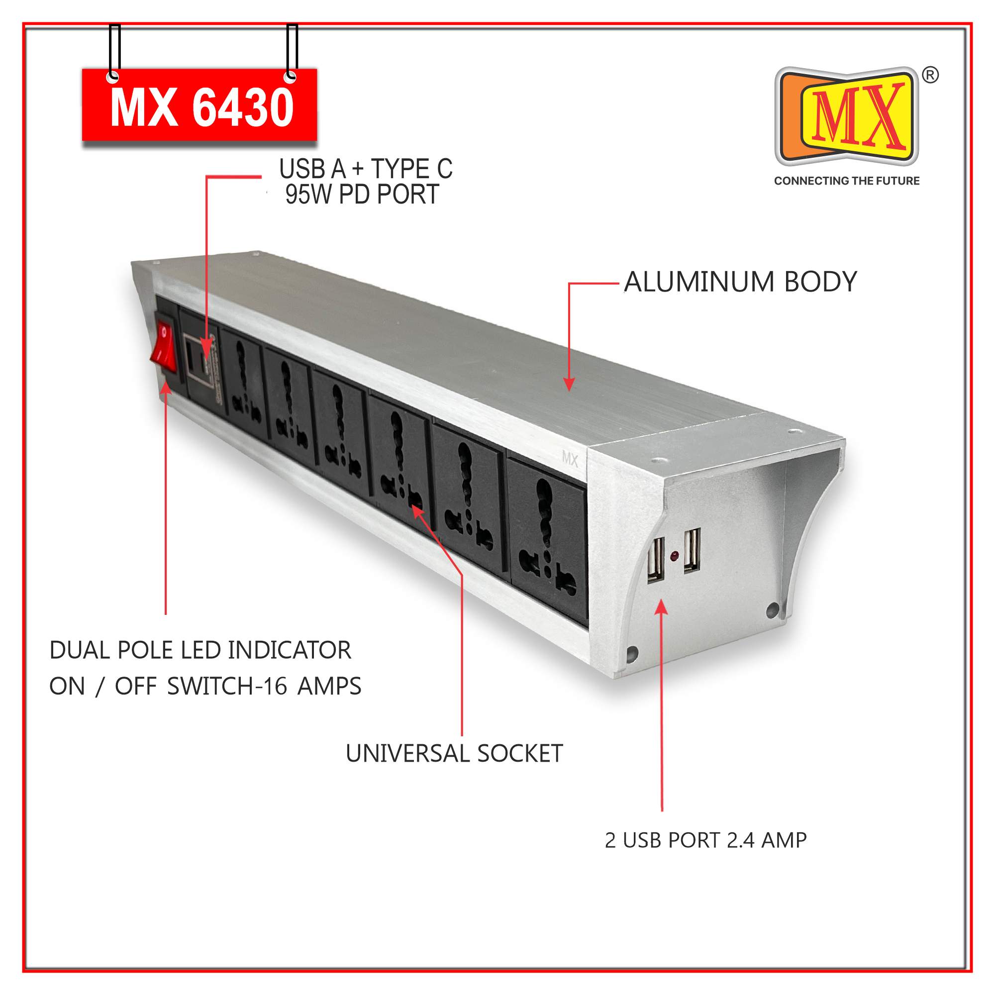 MX PDU Under table 6/16 Amps 6 Universal Socket | 2 USB (2.4 Amp) with 95W PD Charger | Dual Pole LED Indicator Switch | 16 Amps Heavy Duty Cord 3 Meter with ISI Marked, Aluminium Body Material(MX 6430-3M Silver) - Image 3
