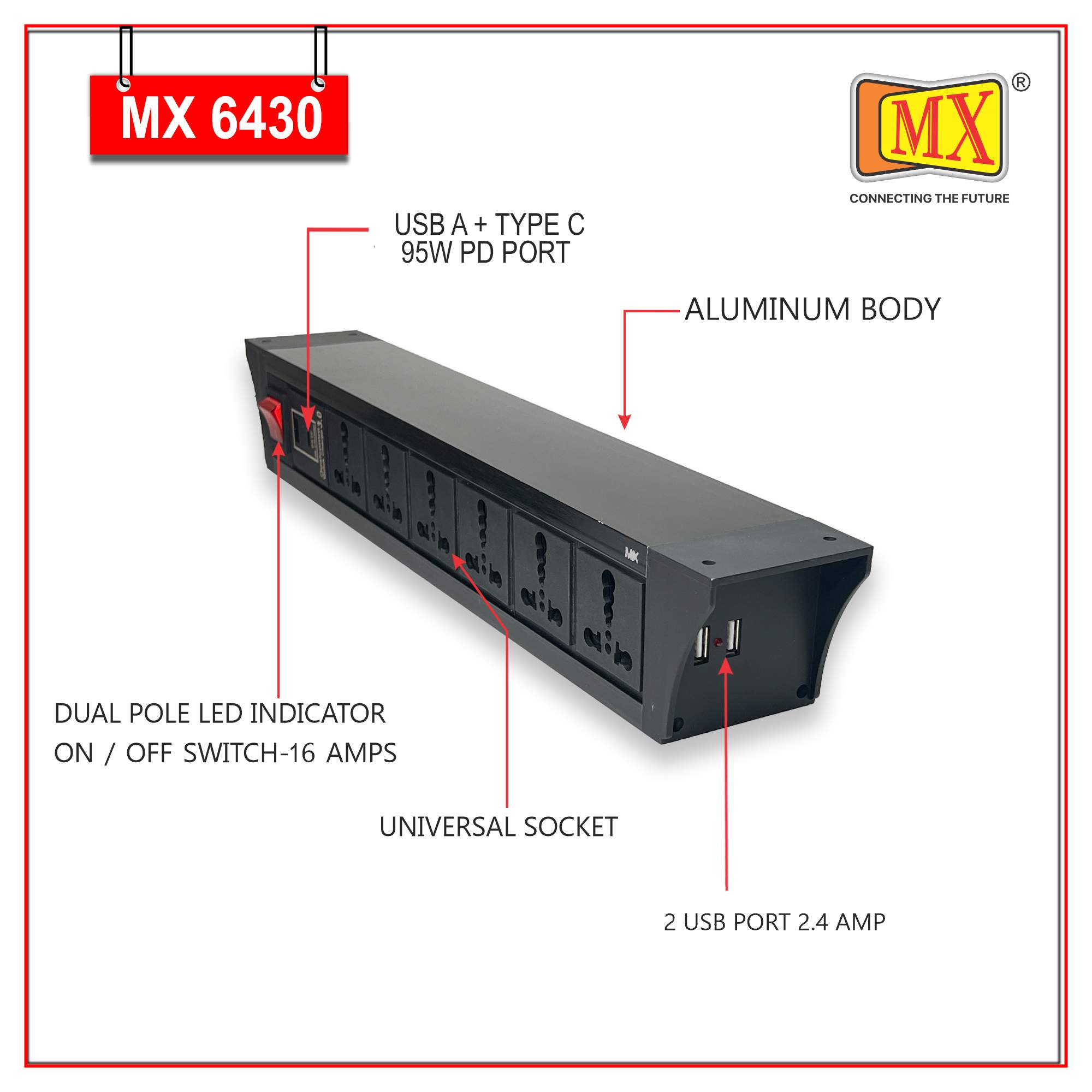 MX PDU Under table 6/16 Amps 6 Universal Socket | 2 USB (2.4 Amp) with 95W PD Charger | Dual Pole LED Indicator Switch | 16 Amps Heavy Duty Cord 5 Meter with ISI Marked, Aluminium Body Material(MX 6430-5M Black) - Image 3