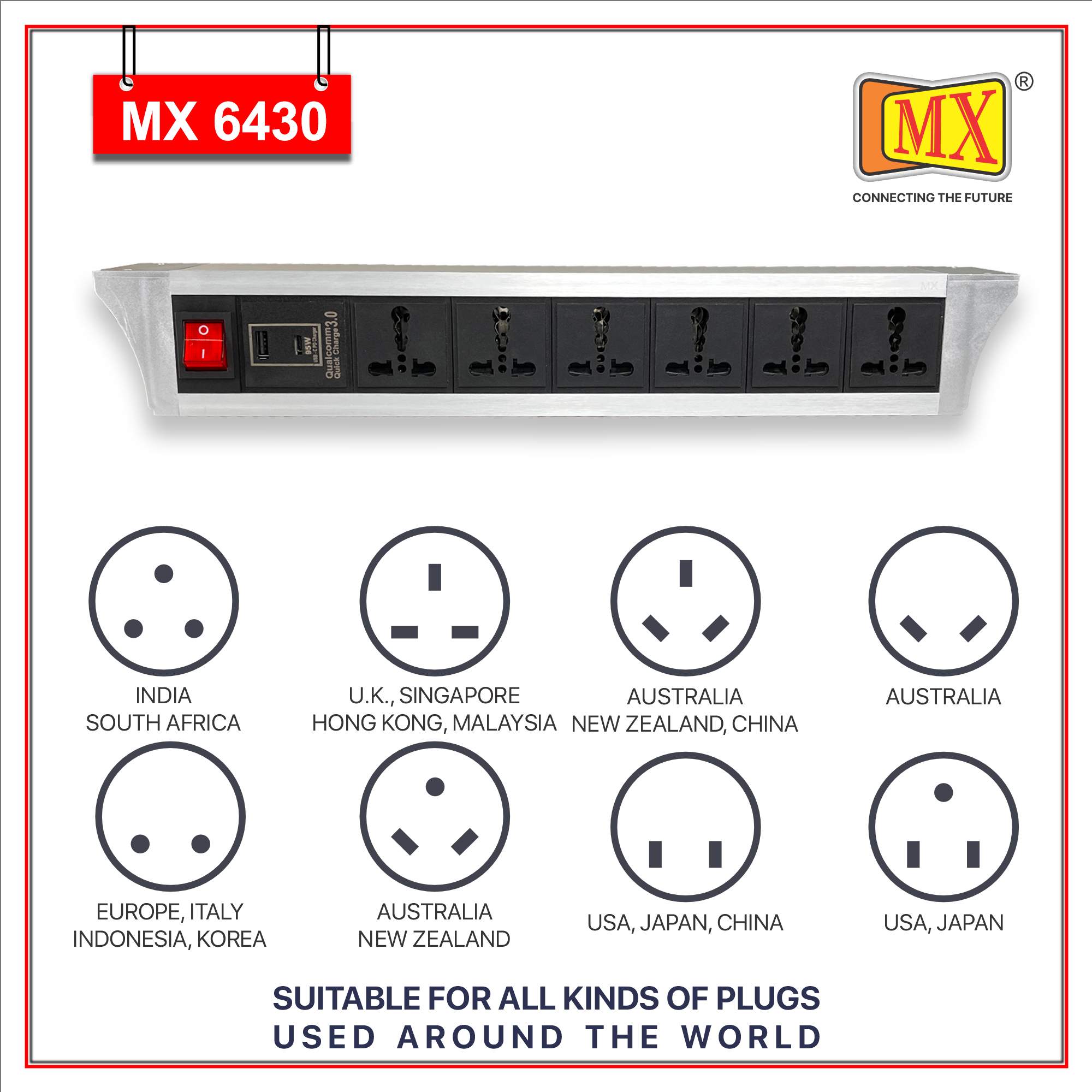 MX PDU Under table 6/16 Amps 6 Universal Socket | 2 USB (2.4 Amp) with 95W PD Charger | Dual Pole LED Indicator Switch | 16 Amps Heavy Duty Cord 3 Meter with ISI Marked, Aluminium Body Material(MX 6430-3M Silver) - Image 4
