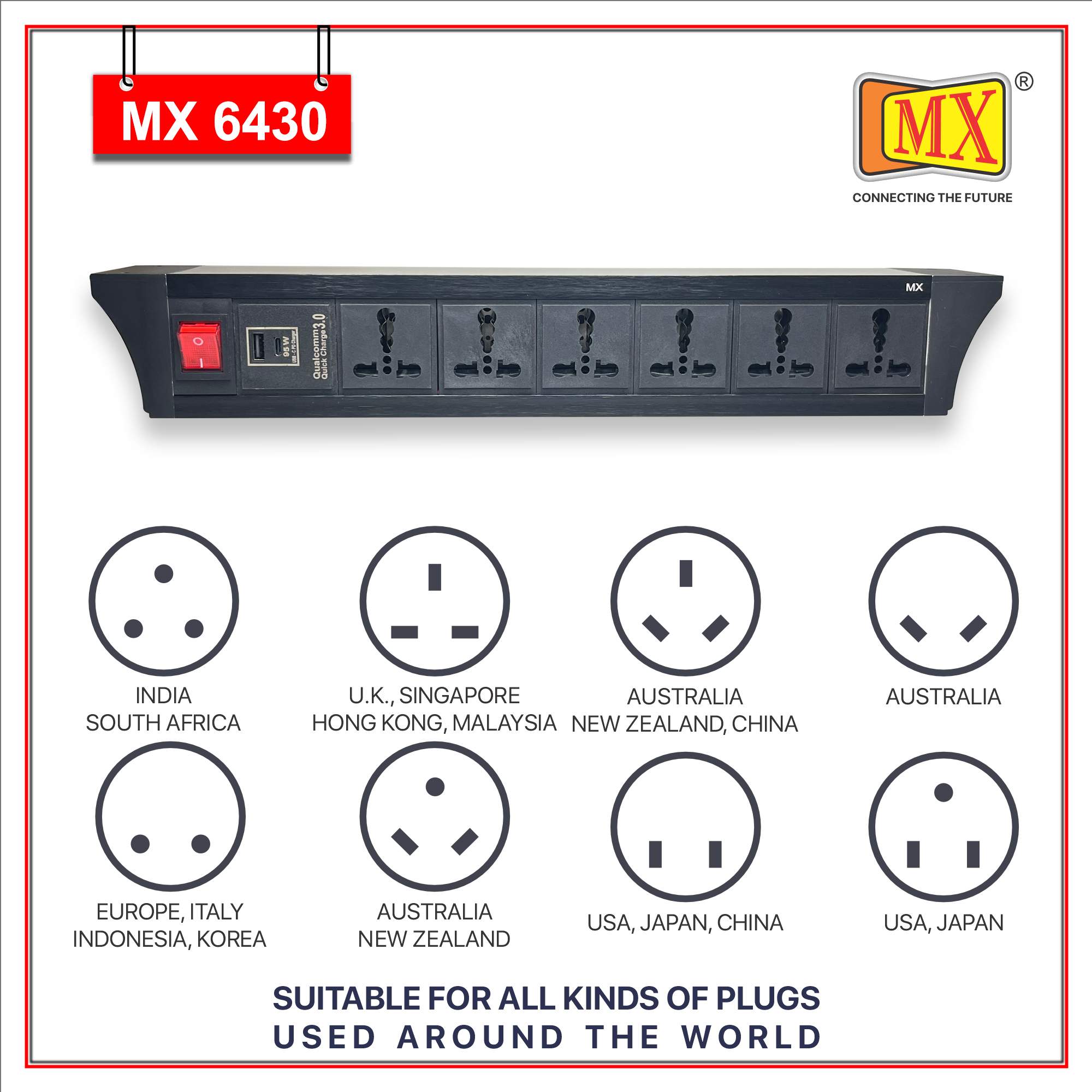 MX PDU Under table 6/16 Amps 6 Universal Socket | 2 USB (2.4 Amp) with 95W PD Charger | Dual Pole LED Indicator Switch | 16 Amps Heavy Duty Cord 5 Meter with ISI Marked, Aluminium Body Material(MX 6430-5M Black) - Image 4