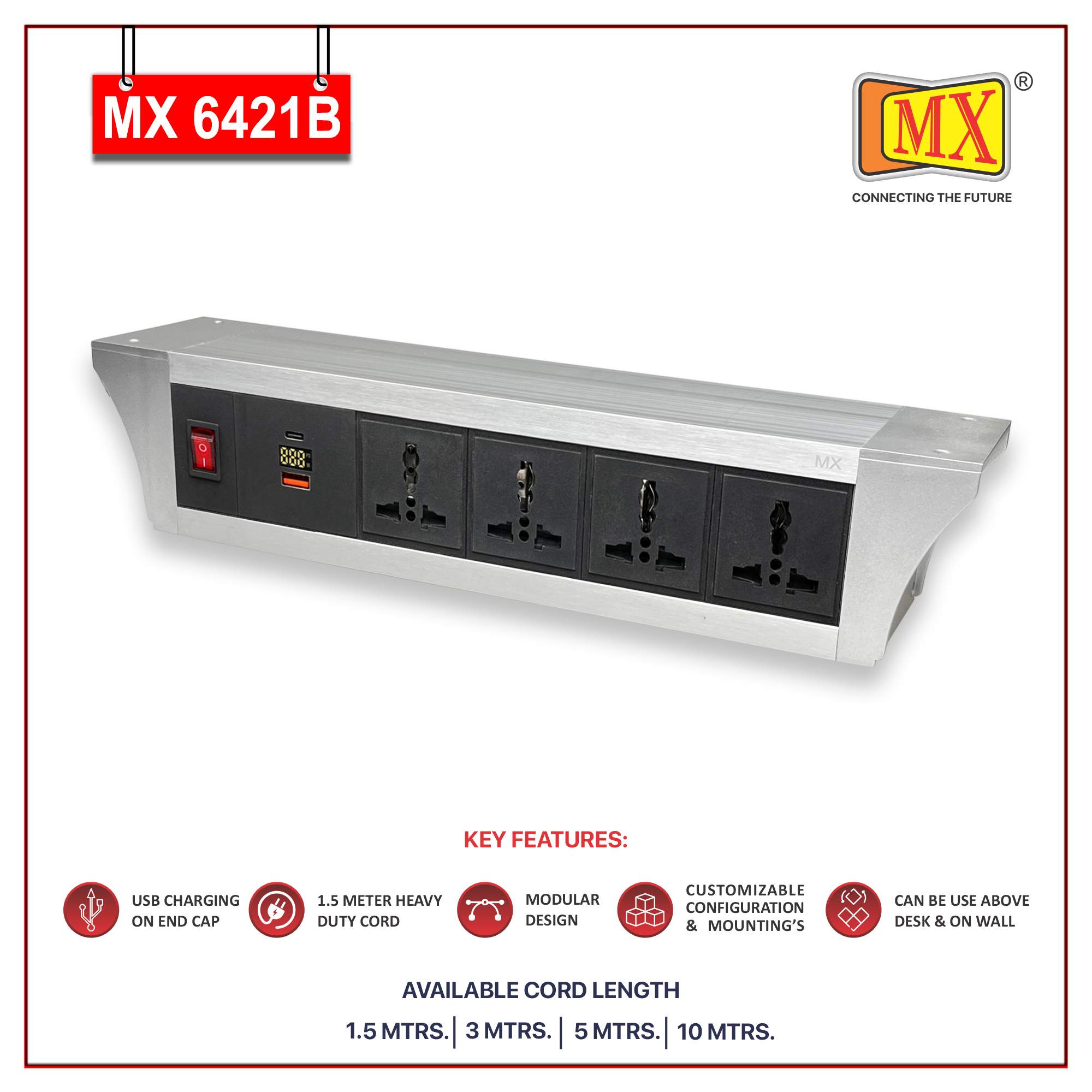 MX PDU Under table 6/13 Amps 4 Universal Socket | 2 USB (2.4 Amp) with 30W PD Charger With Display | Dual Pole LED Indicator Switch | 6 Amps Heavy Duty Cord 1.5 Meter with ISI Marked, Aluminium Body Material(MX 6421B-1.5M Silver) - Image 2