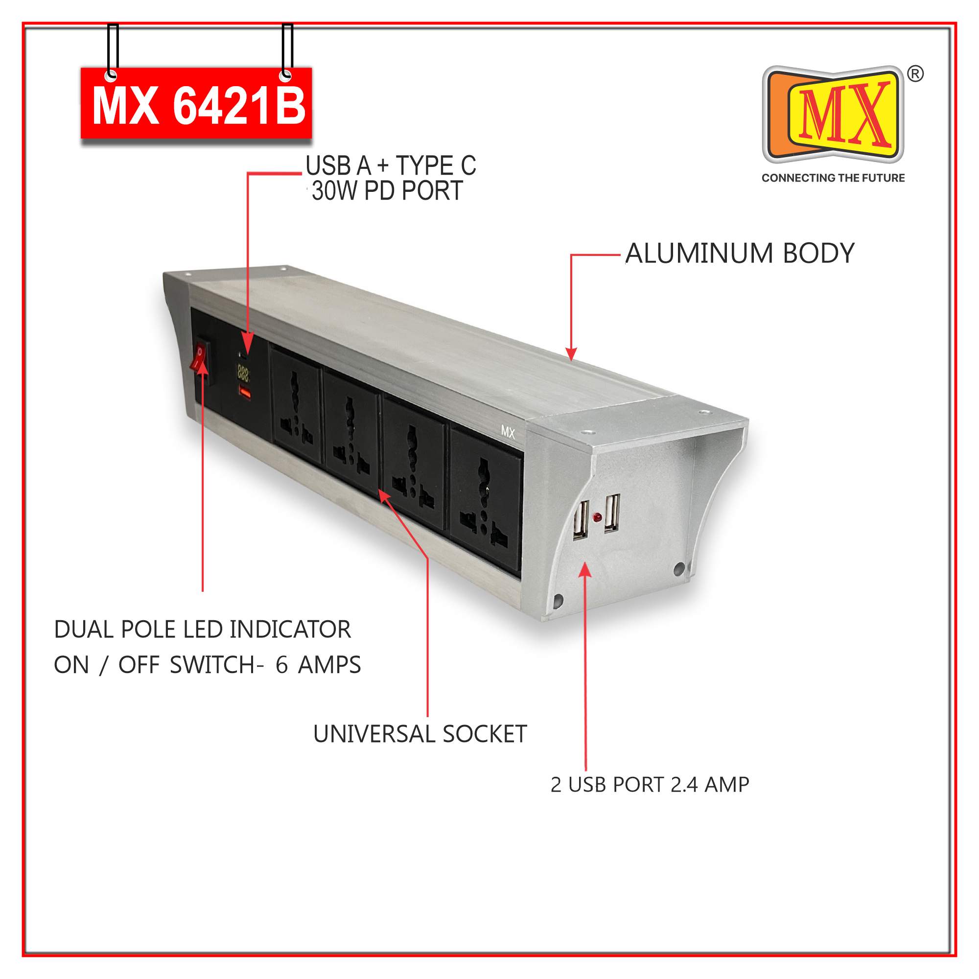 MX PDU Under table 6/13 Amps 4 Universal Socket | 2 USB (2.4 Amp) with 30W PD Charger With Display | Dual Pole LED Indicator Switch | 6 Amps Heavy Duty Cord 1.5 Meter with ISI Marked, Aluminium Body Material(MX 6421B-1.5M Silver) - Image 3