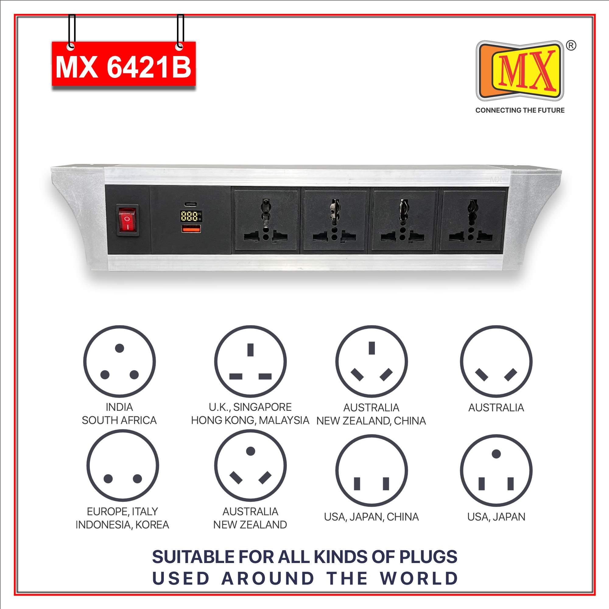 MX PDU Under table 6/13 Amps 4 Universal Socket | 2 USB (2.4 Amp) with 30W PD Charger With Display | Dual Pole LED Indicator Switch | 6 Amps Heavy Duty Cord 1.5 Meter with ISI Marked, Aluminium Body Material(MX 6421B-1.5M Silver) - Image 4