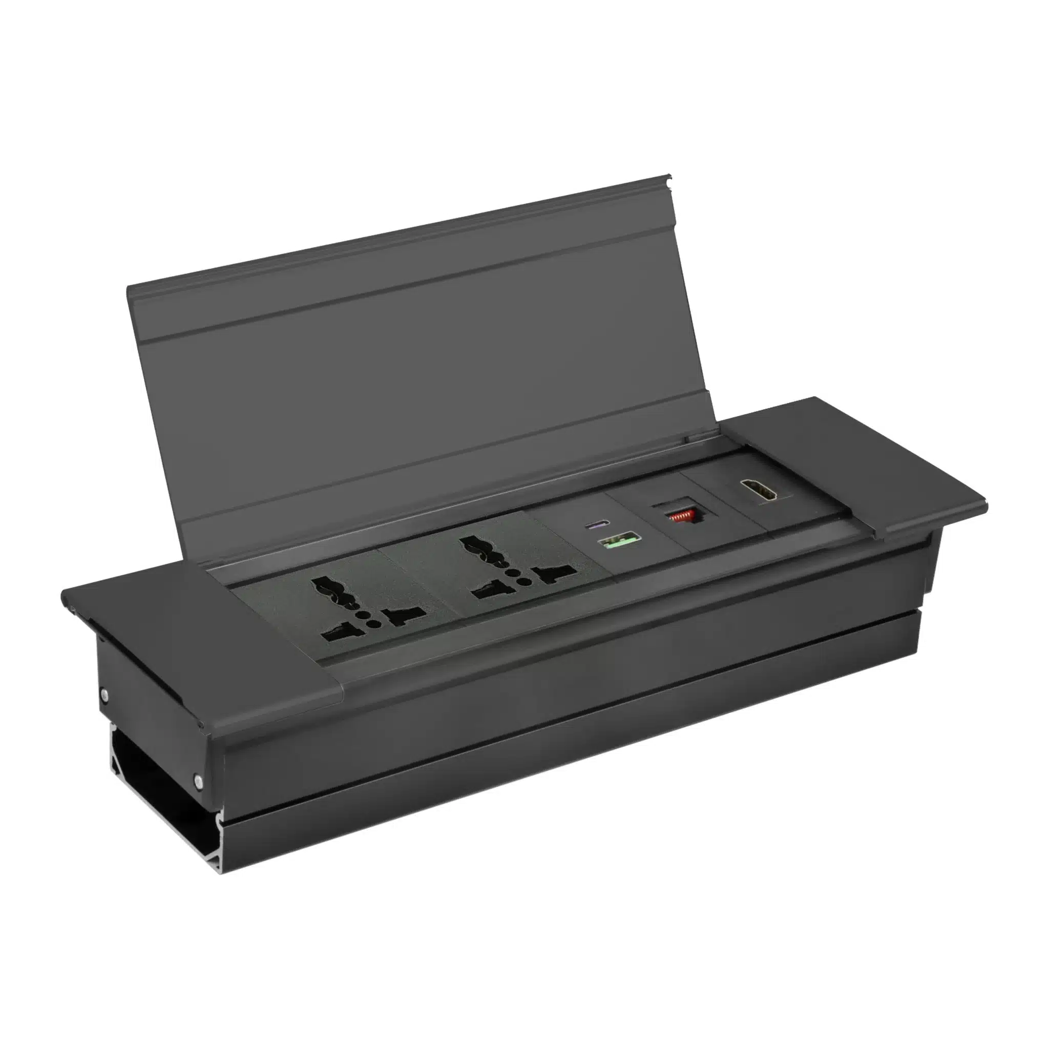 MX Flip Type cable cubby pop up box with 2 Universal Power Sockets, 2 USB (Type A + Type C) 18W PD Charging Port, 1 LAN & 1 4K HDMI Port for Conference Table, hotel rooms, office meeting table, etc. for media streaming. ( MX 7008A Black)