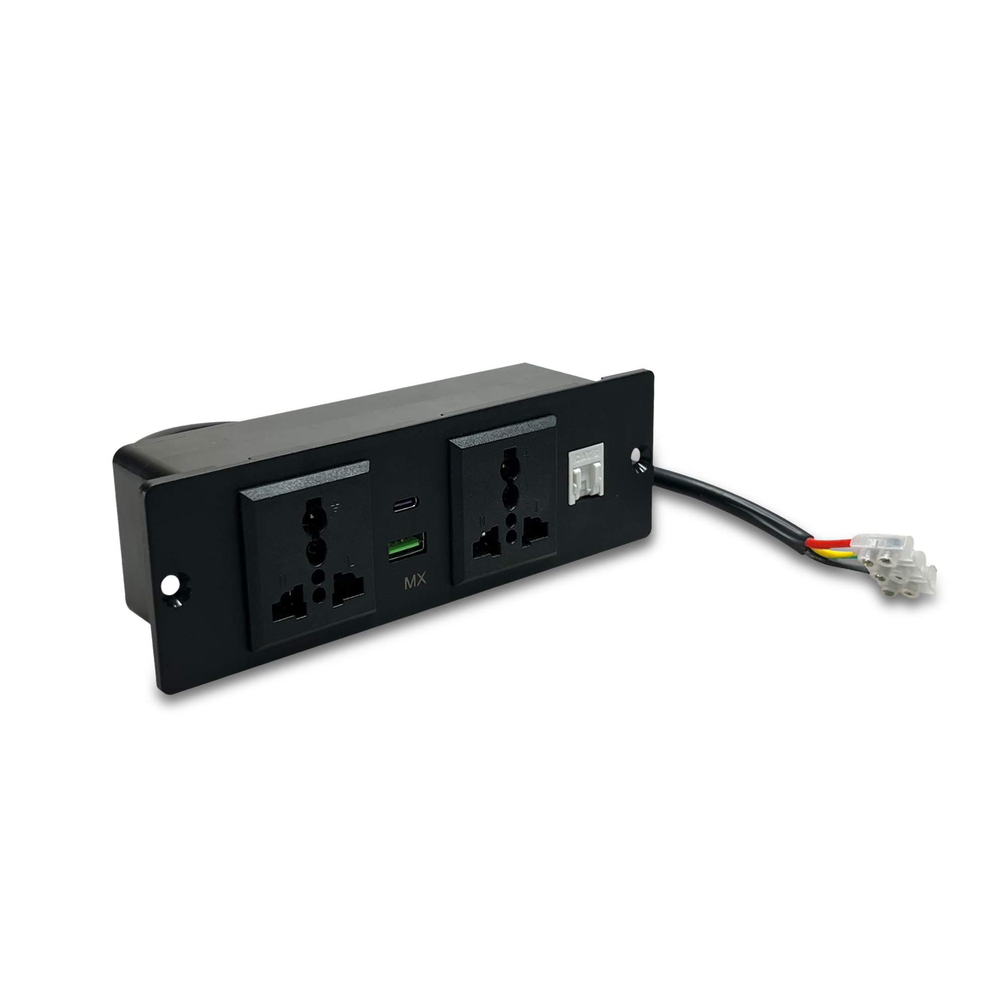 MX Pop Up Box/Cable Cubby/Extension Board with Switch 2 Universal Power Socket -13 Amp + 1 CAT 6 + USB C -30W + USB A-30W Cutout 156x50 MM (Black) ( MX 7015 )