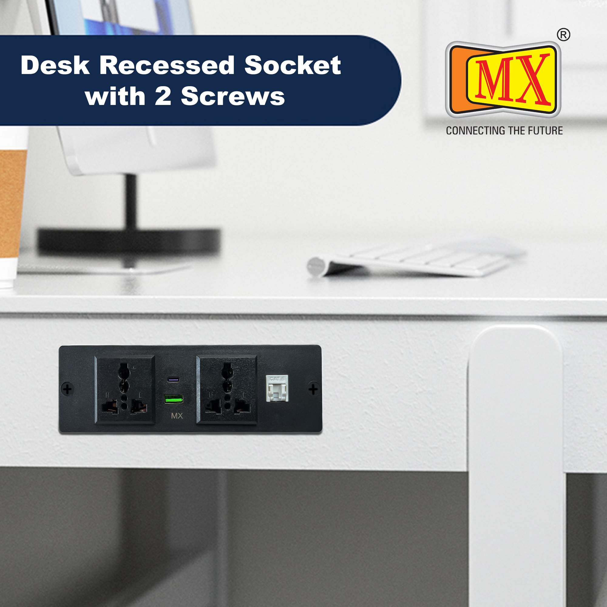 MX Pop Up Box/Cable Cubby/Extension Board with Switch 2 Universal Power Socket -13 Amp + 1 CAT 6 + USB C -30W + USB A-30W Cutout 156x50 MM (Black) ( MX 7015 ) - Image 2