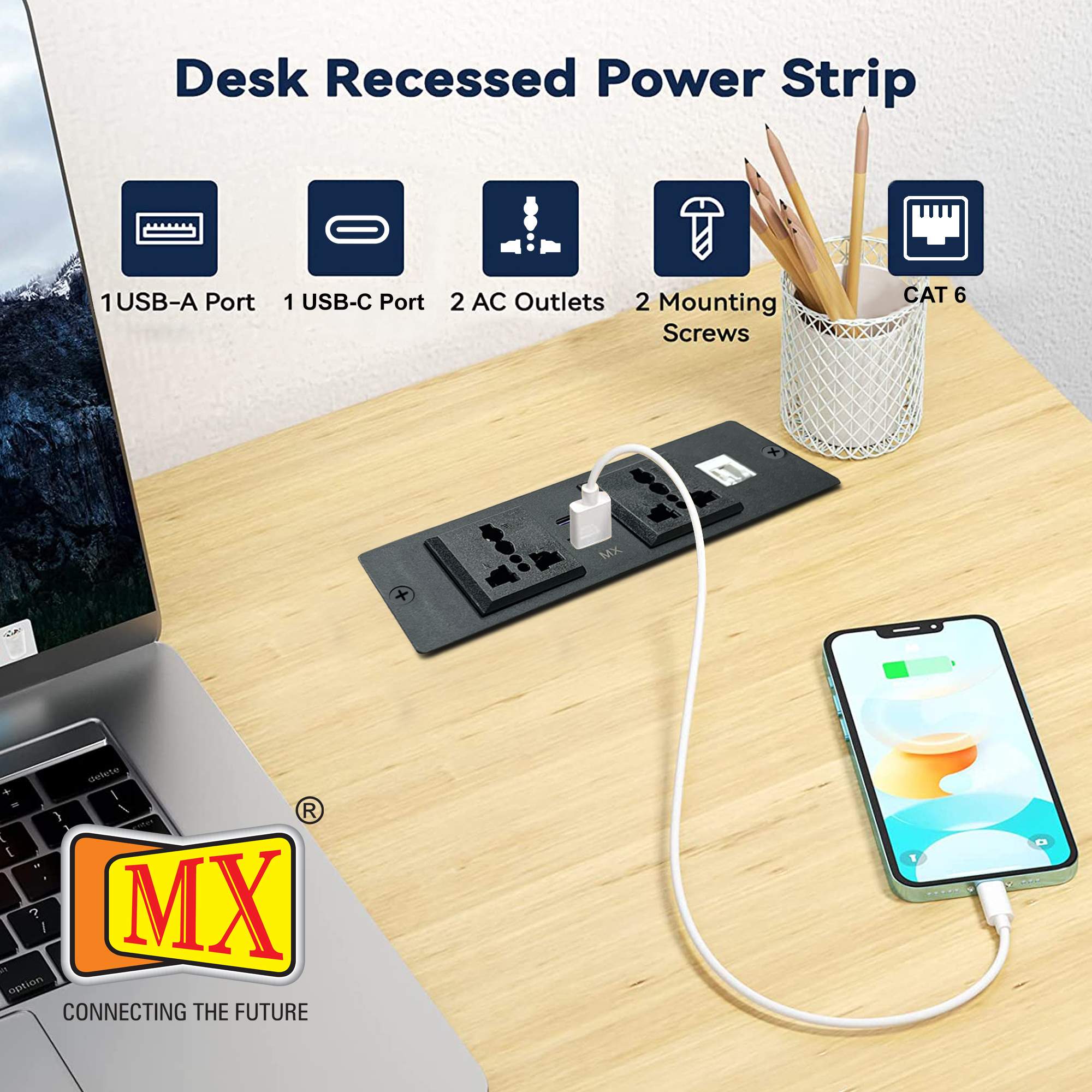 MX Pop Up Box/Cable Cubby/Extension Board with Switch 2 Universal Power Socket -13 Amp + 1 CAT 6 + USB C -30W + USB A-30W Cutout 156x50 MM (Black) ( MX 7015 ) - Image 5