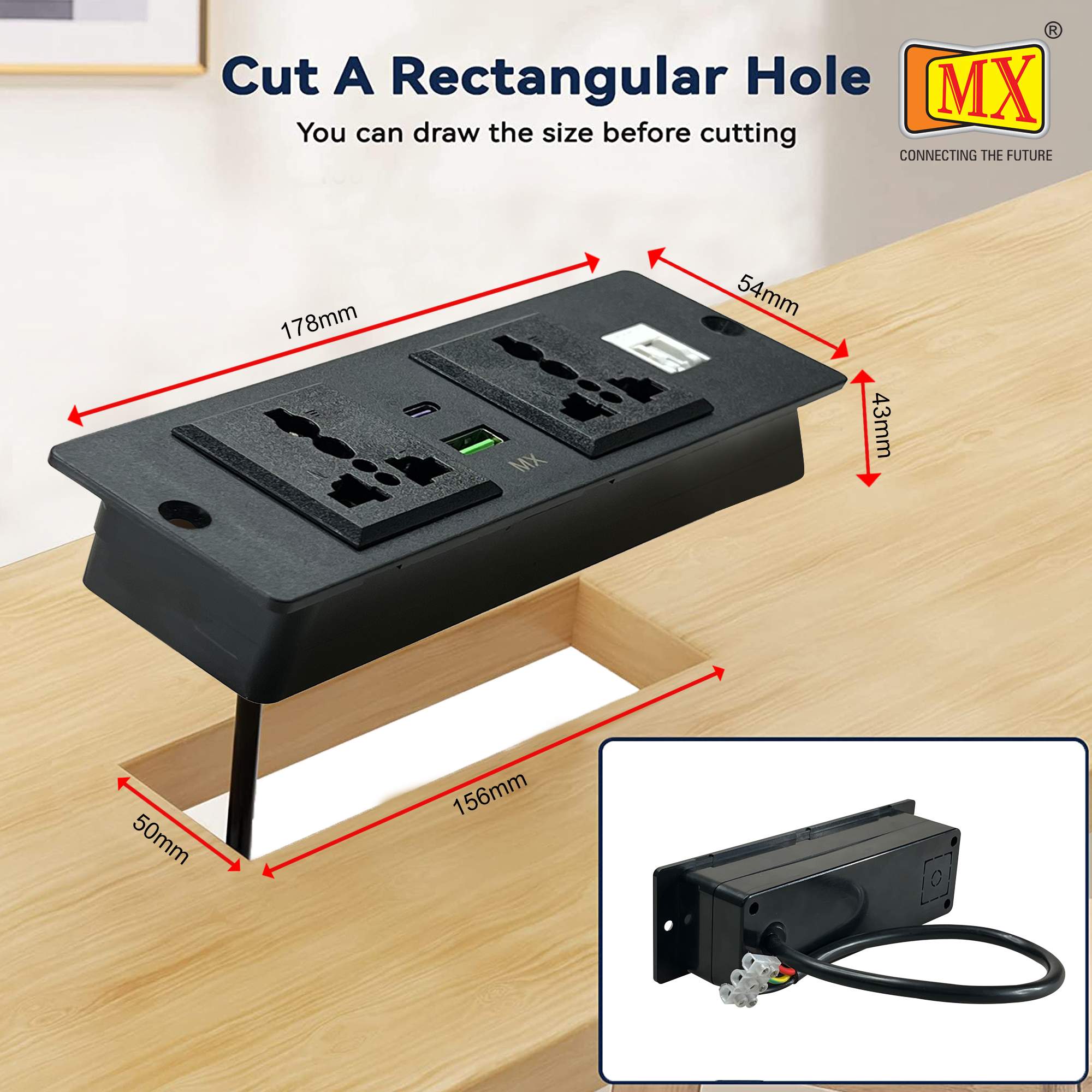 MX Pop Up Box/Cable Cubby/Extension Board with Switch 2 Universal Power Socket -13 Amp + 1 CAT 6 + USB C -30W + USB A-30W Cutout 156x50 MM (Black) ( MX 7015 ) - Image 3