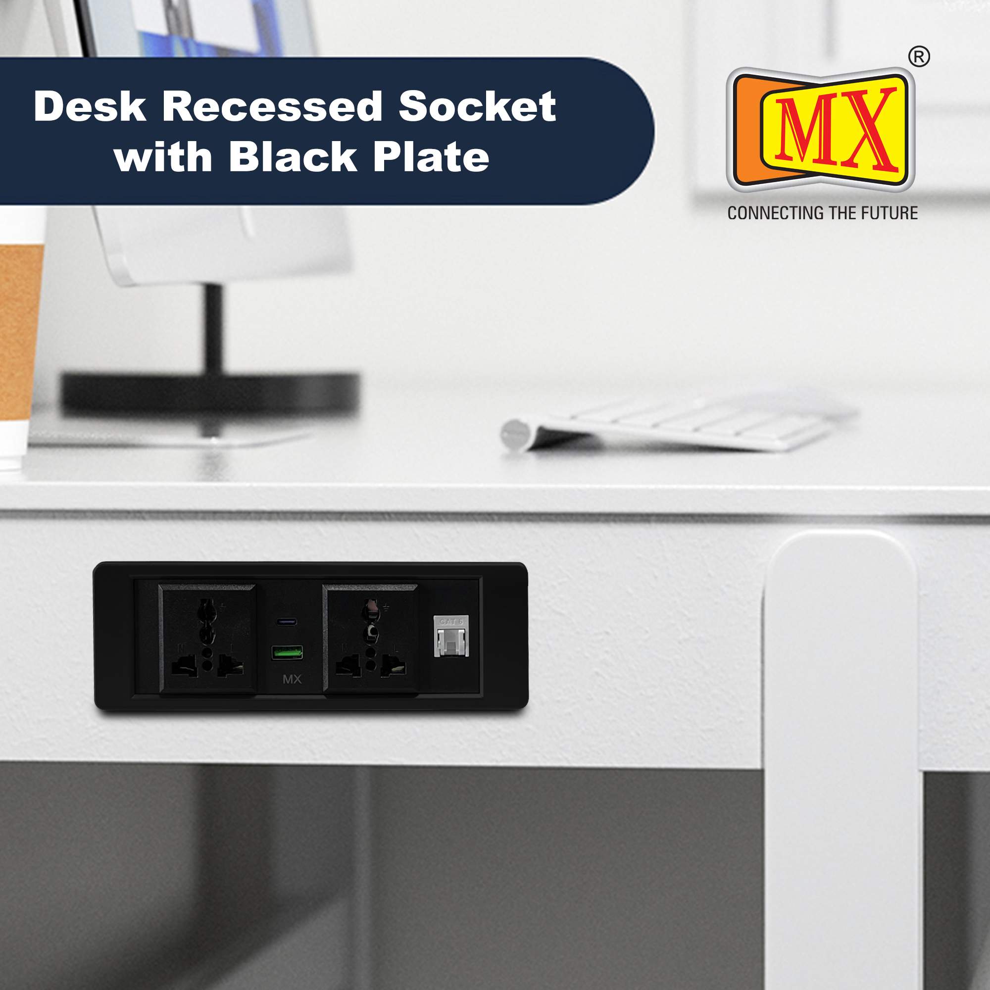 MX Pop Up Box/Cable Cubby/Extension Board with Switch 2 Universal Power Socket -13 Amp + 1 CAT 6 + USB C -30W + USB A-30W Cutout 156x50 MM (Wooden) ( MX 7017 ) - Image 2