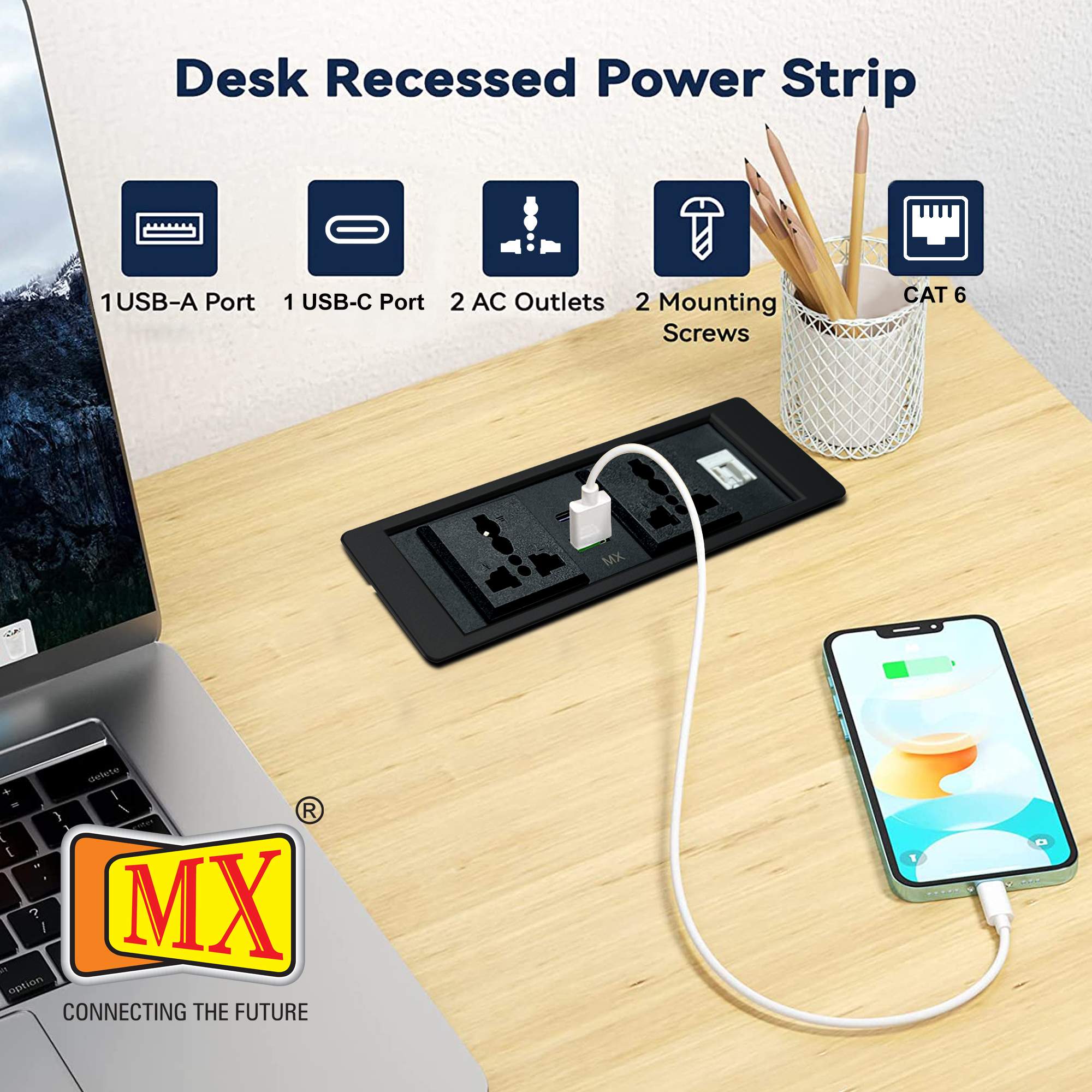 MX Pop Up Box/Cable Cubby/Extension Board with Switch 2 Universal Power Socket -13 Amp + 1 CAT 6 + USB C -30W + USB A-30W Cutout 156x50 MM (Wooden) ( MX 7017 ) - Image 5