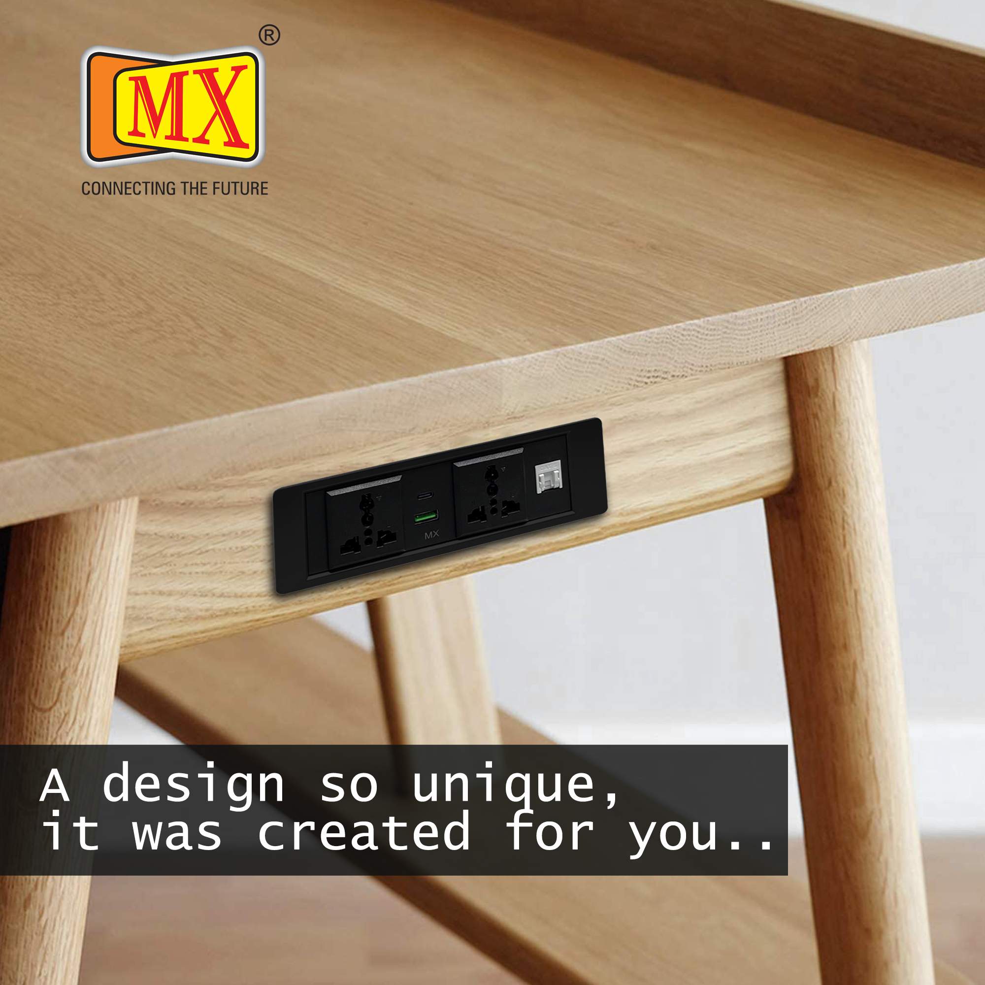 MX Pop Up Box/Cable Cubby/Extension Board with Switch 2 Universal Power Socket -13 Amp + 1 CAT 6 + USB C -30W + USB A-30W Cutout 156x50 MM (Wooden) ( MX 7017 ) - Image 4