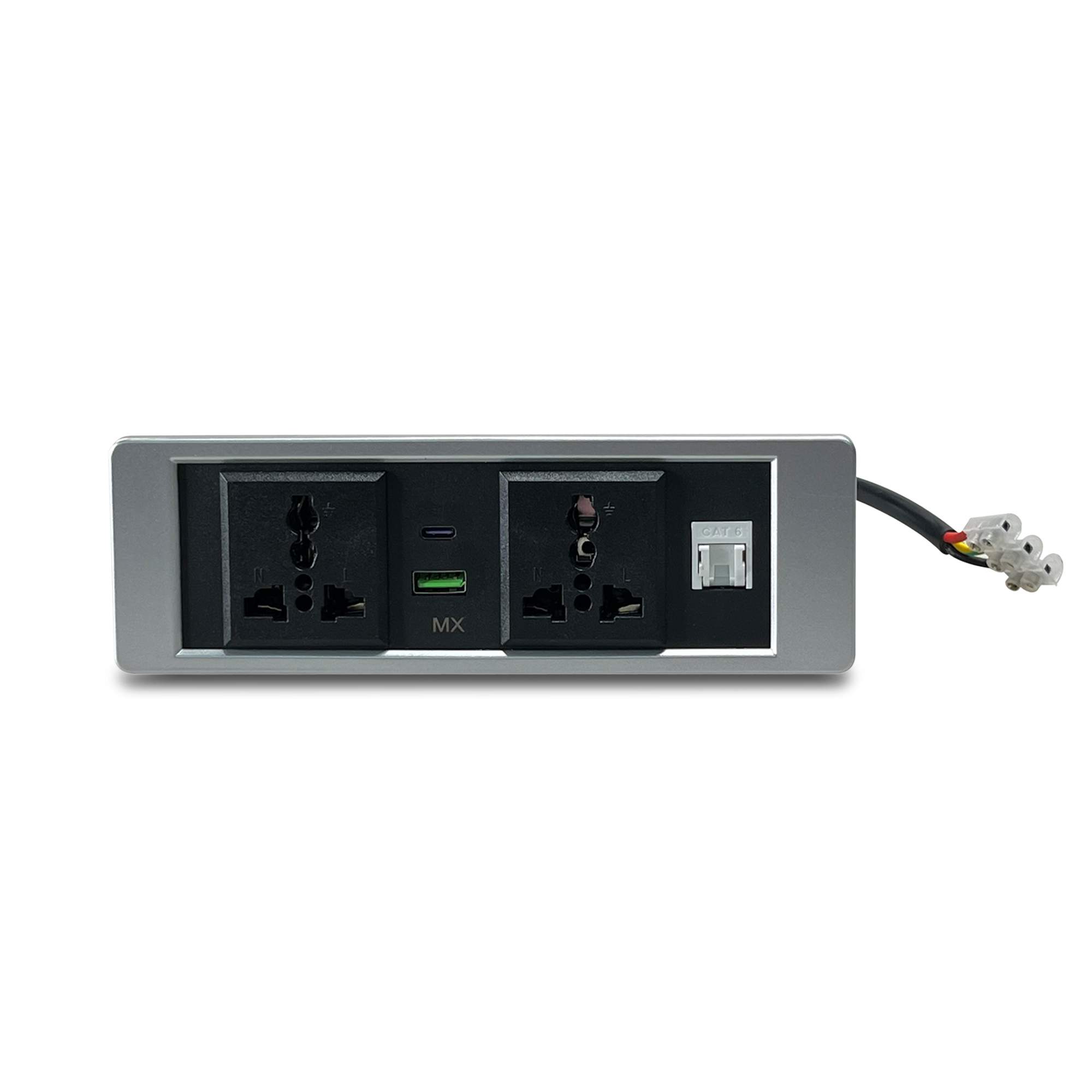 MX Pop Up Box/Cable Cubby/Extension Board with Switch 2 Universal Power Socket -13 Amp + 1 CAT 6 + USB C -30W + USB A-30W Cutout 156x50 MM (Silver) ( MX 7016 )