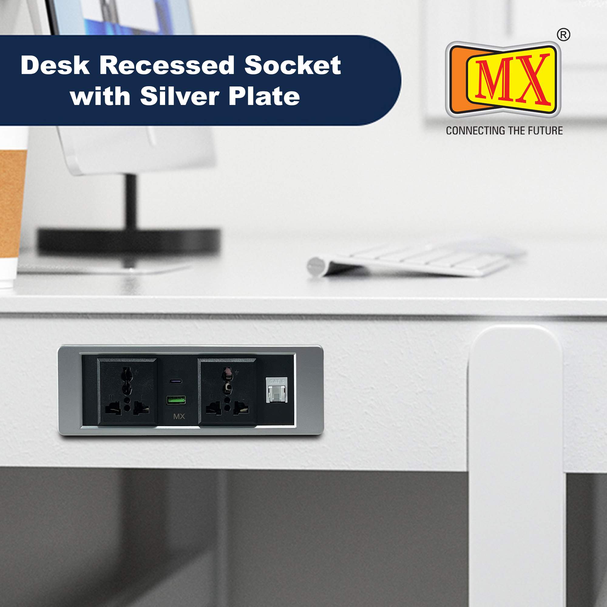 MX Pop Up Box/Cable Cubby/Extension Board with Switch 2 Universal Power Socket -13 Amp + 1 CAT 6 + USB C -30W + USB A-30W Cutout 156x50 MM (Silver) ( MX 7016 ) - Image 2